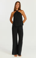 Ingrid Two Piece Set - Knot Detail Halter Neck Top and Wide Leg Pants Set in Black