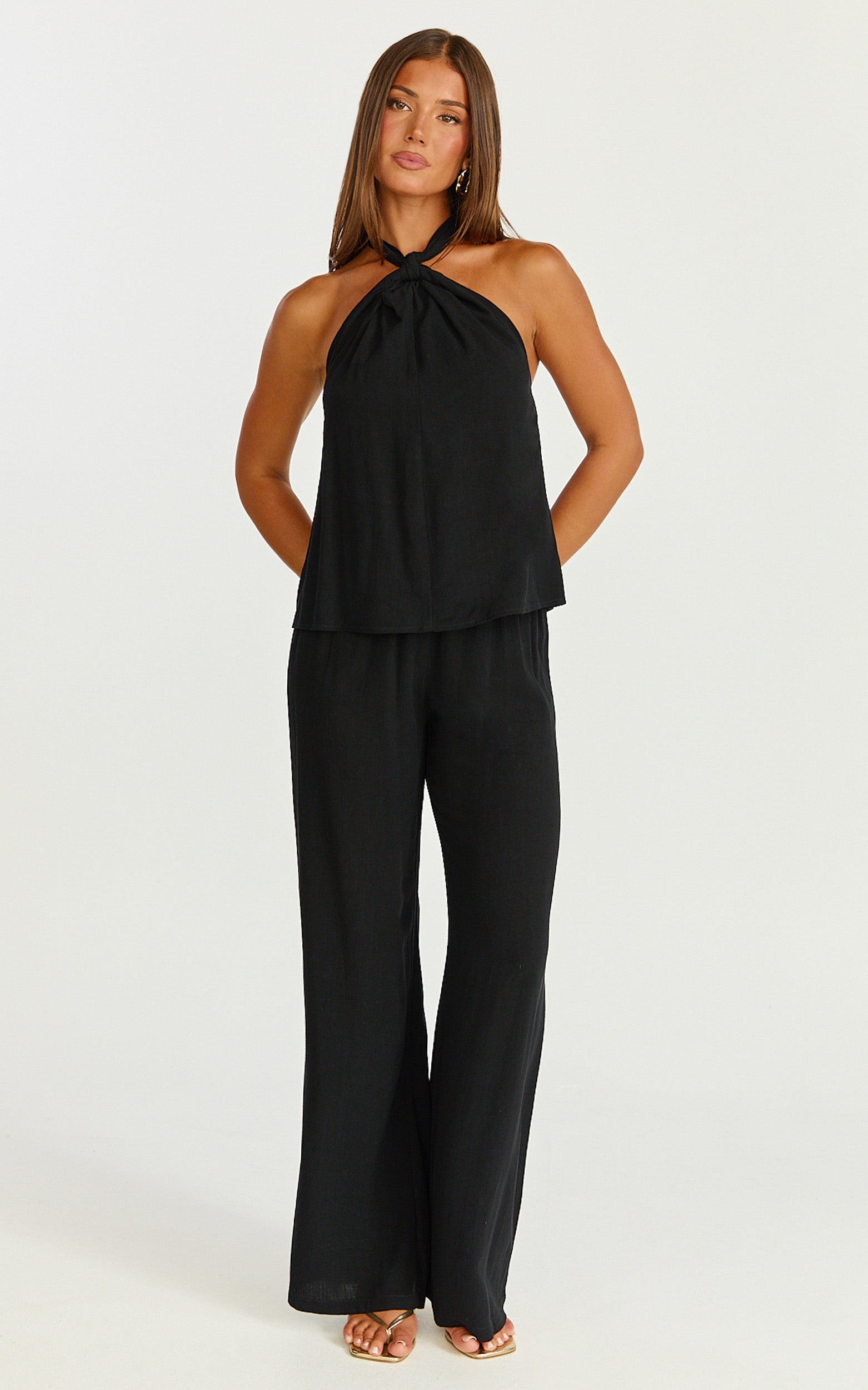 Ingrid Two Piece Set - Knot Detail Halter Neck Top and Wide Leg Pants Set in Black