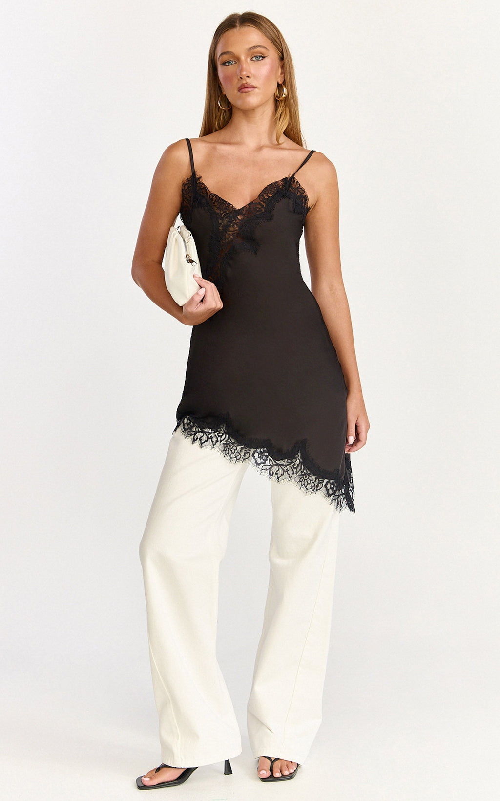 Iris Mini Dress - Lace Trim Asymmetrical Camisole Dress in Black