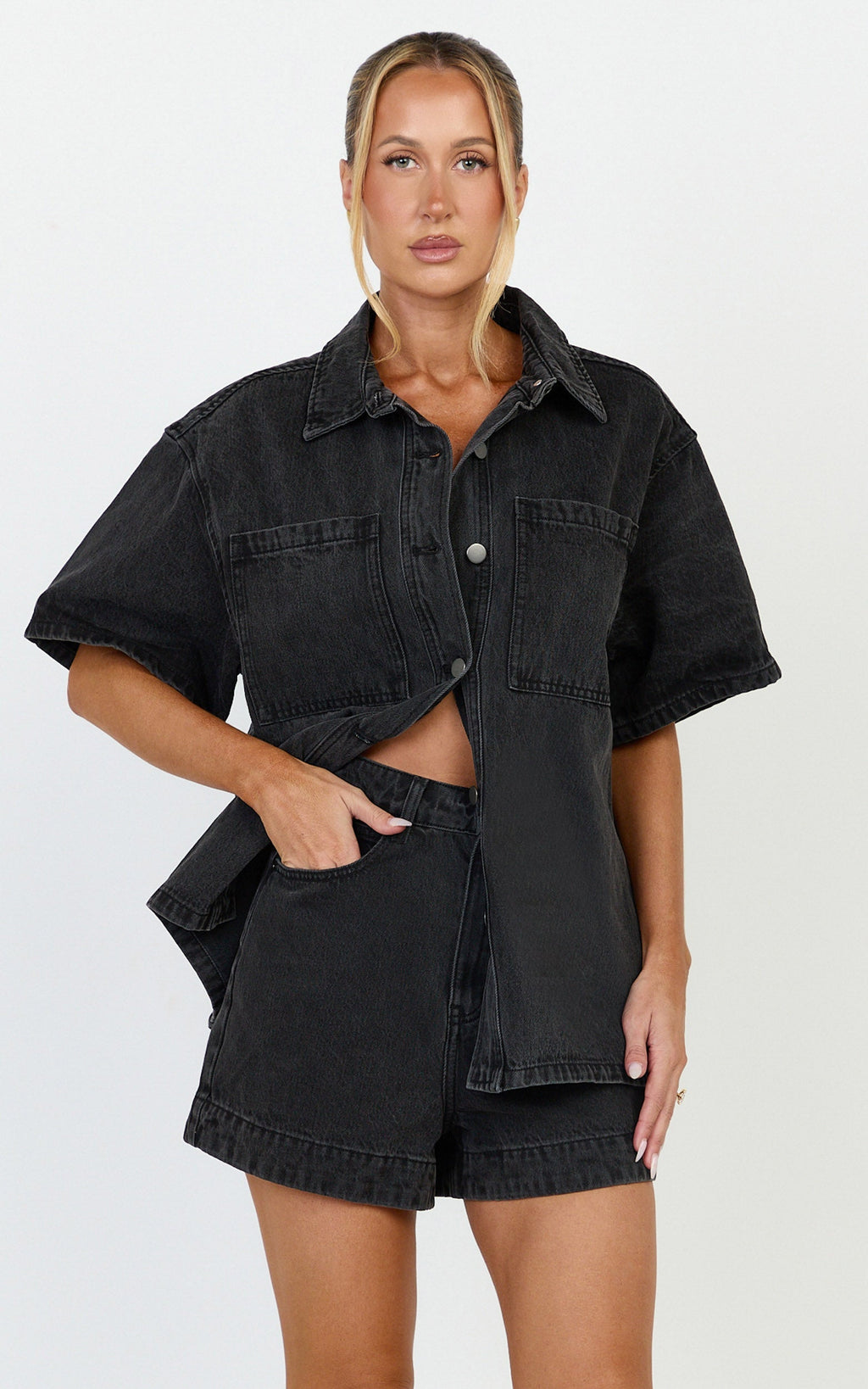 Iris Top - Oversized Recycled Denim Short Sleeve Shirt in Black
