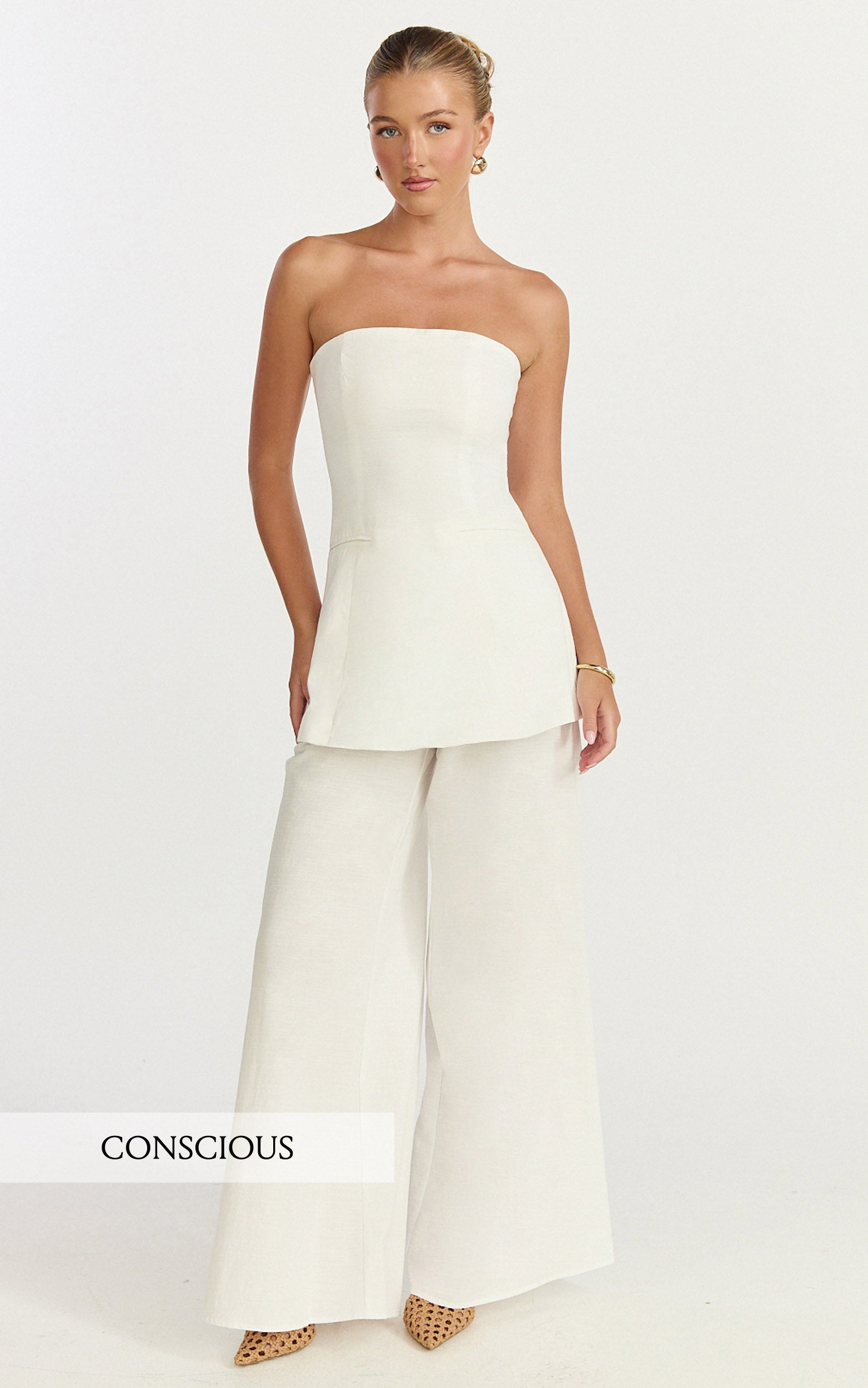Isadora Two Piece Top and Pants Set - Strapless Longline Top and Wide Leg Pants Set in White