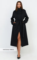 Isla Coat - Funnel Neck Double Breasted Longline Trench Coat in Black