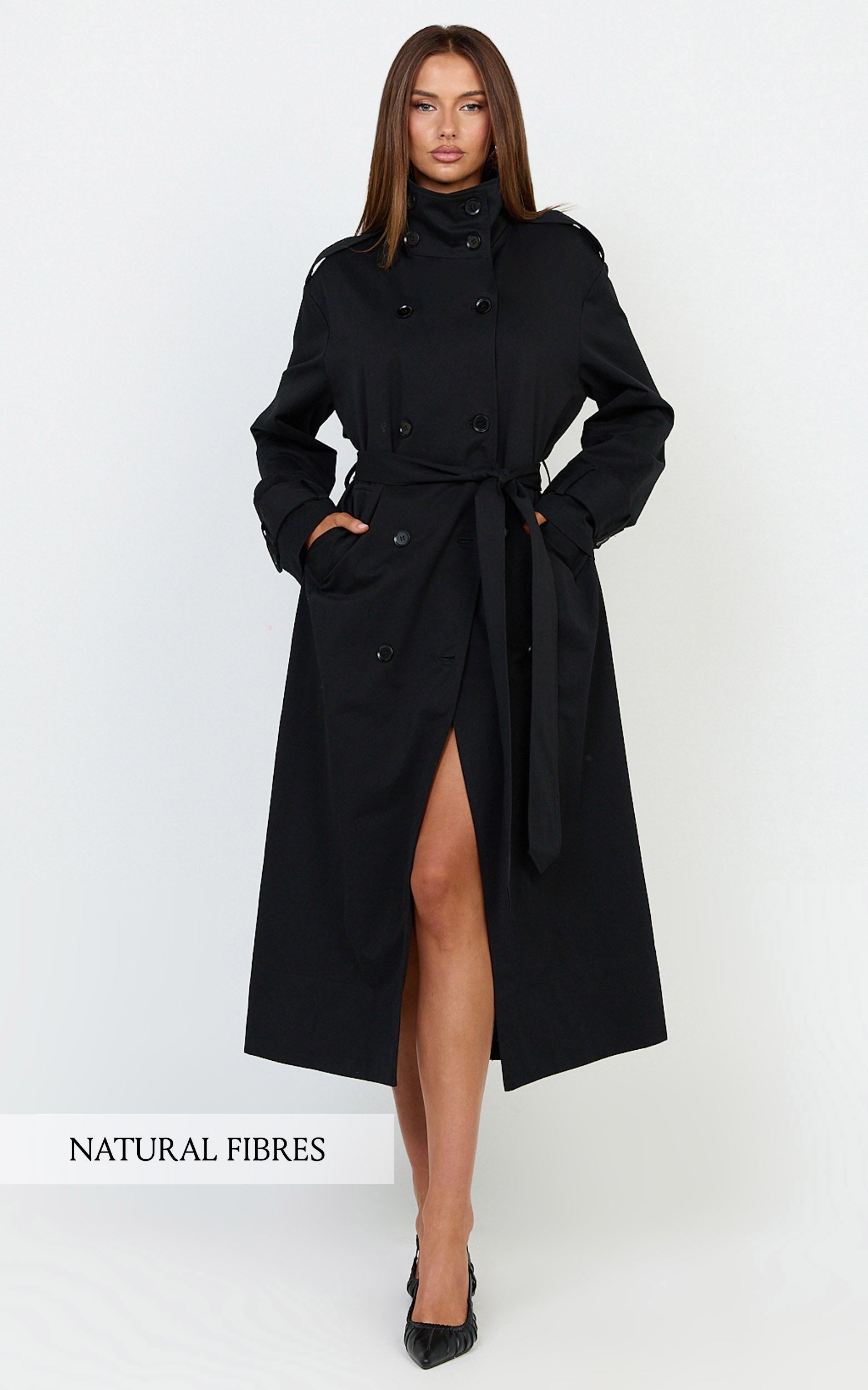Isla Coat - Funnel Neck Double Breasted Longline Trench Coat in Black