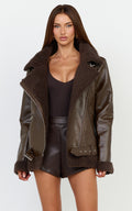 Isolde Jacket - Faux Leather Shearling Biker Jacket in Dark Chocolate