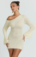 Izira Mini Dress - Knit One Shoulder Long Sleeve Pearl Bead Dress in Ivory