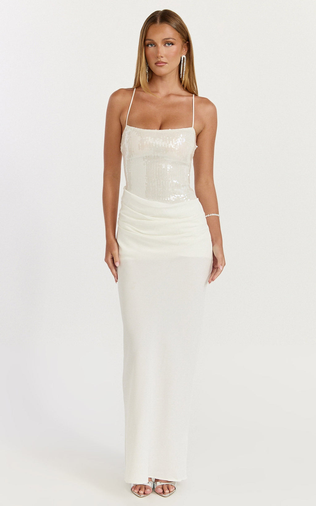 Jasmin Maxi Dress - Sequin Overlay Dress in White