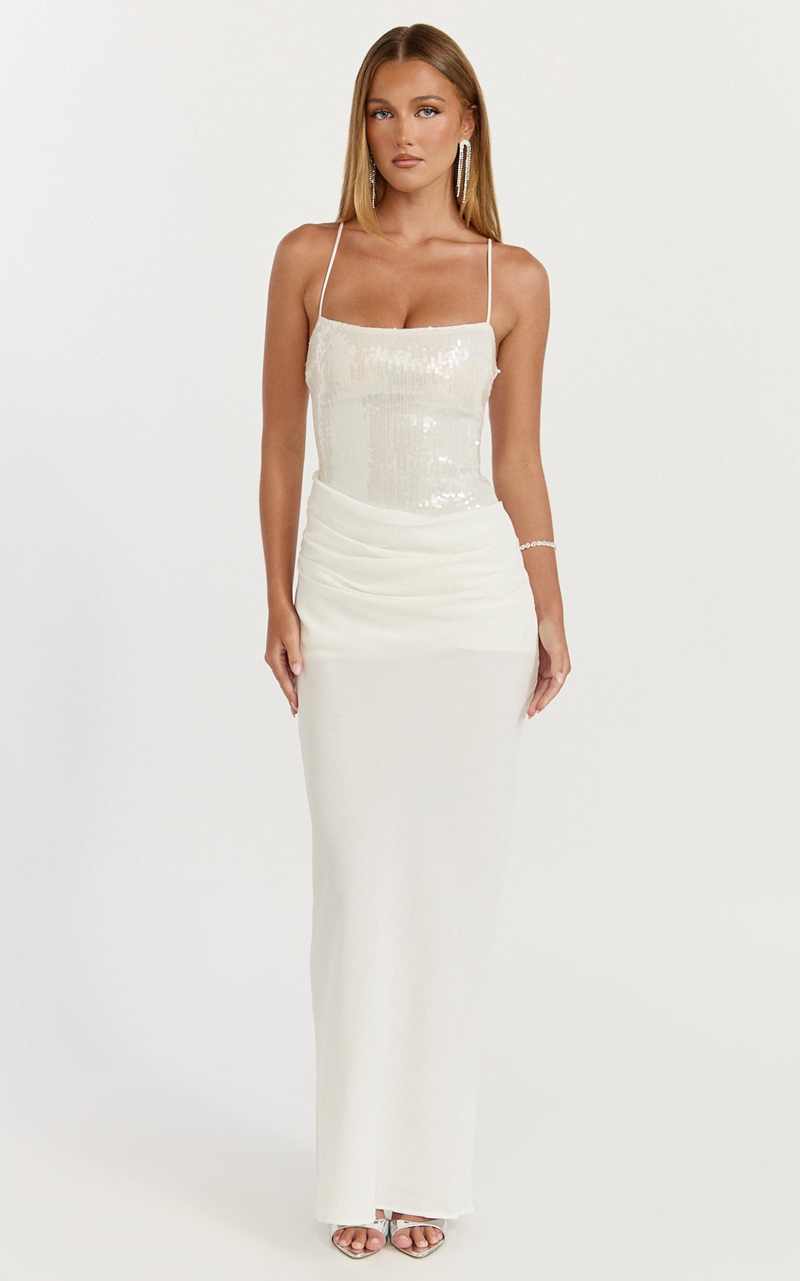 Jasmin Maxi Dress - Sequin Overlay Dress in White