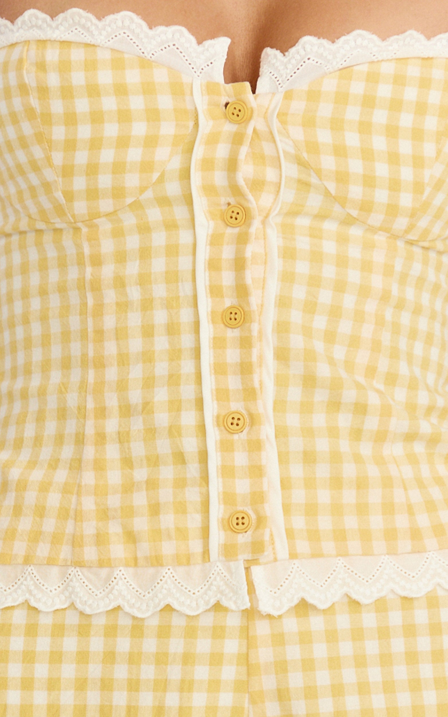 Jasmine Two Piece Top and Shorts Set - Gingham Sweetheart Lace Trim Top And Lace Trim Shorts Set in Lemon Gingham