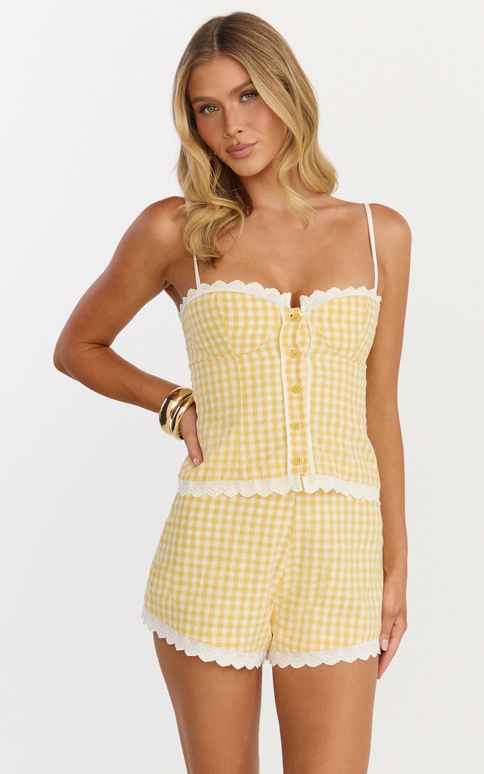 Jasmine Two Piece Top and Shorts Set - Gingham Sweetheart Lace Trim Top And Lace Trim Shorts Set in Lemon Gingham