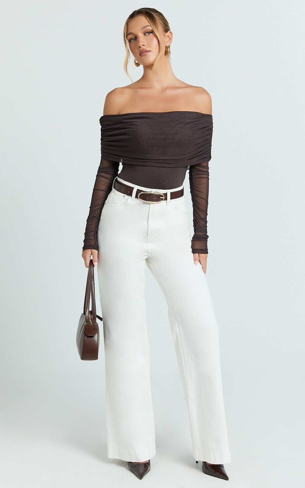 Jaythen Bodysuit - Long Sleeve Off Shoulder Ruched Mesh Bodysuit in Chocolate