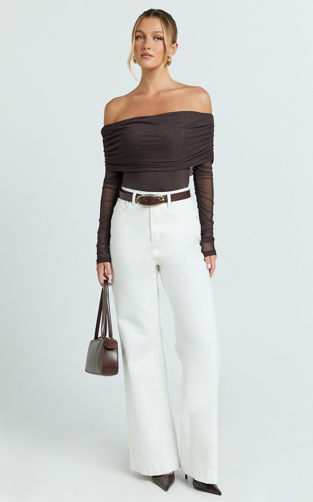 Jaythen Bodysuit - Long Sleeve Off Shoulder Ruched Mesh Bodysuit in Chocolate
