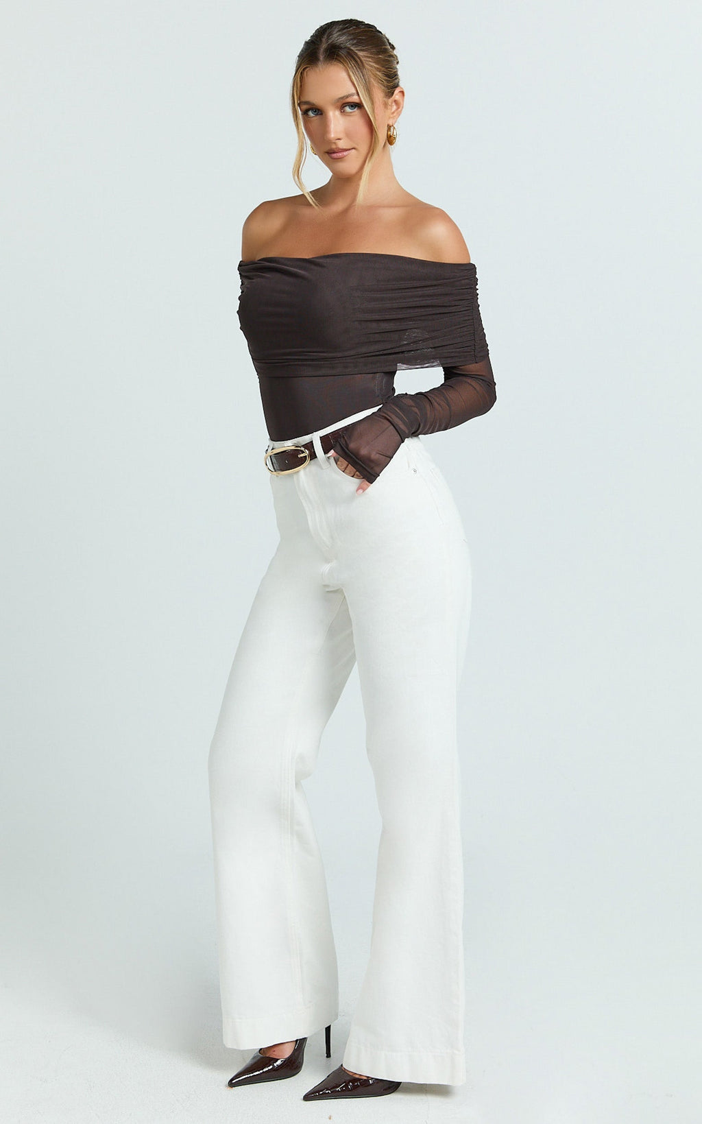 Jaythen Bodysuit - Long Sleeve Off Shoulder Ruched Mesh Bodysuit in Chocolate