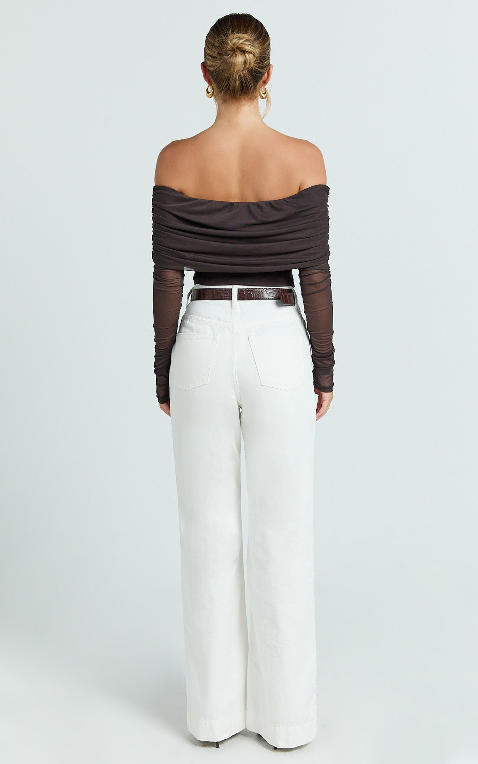 Jaythen Bodysuit - Long Sleeve Off Shoulder Ruched Mesh Bodysuit in Chocolate