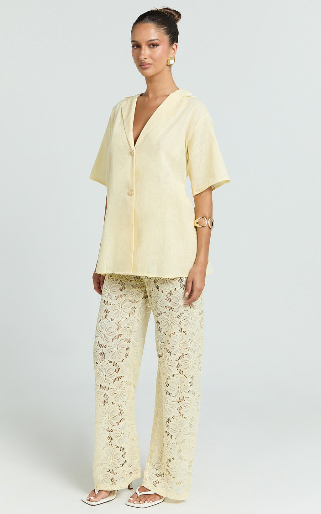 Jemma Two Piece Set - Relaxed Shirt and Lace Pants Set in Butter Yellow