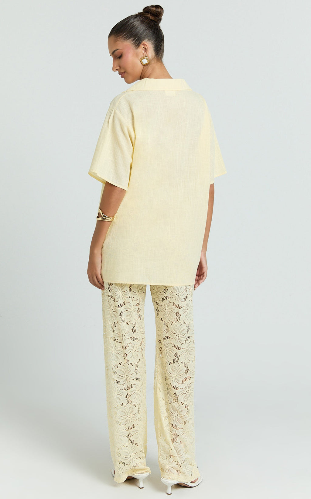 Jemma Two Piece Set - Relaxed Shirt and Lace Pants Set in Butter Yellow
