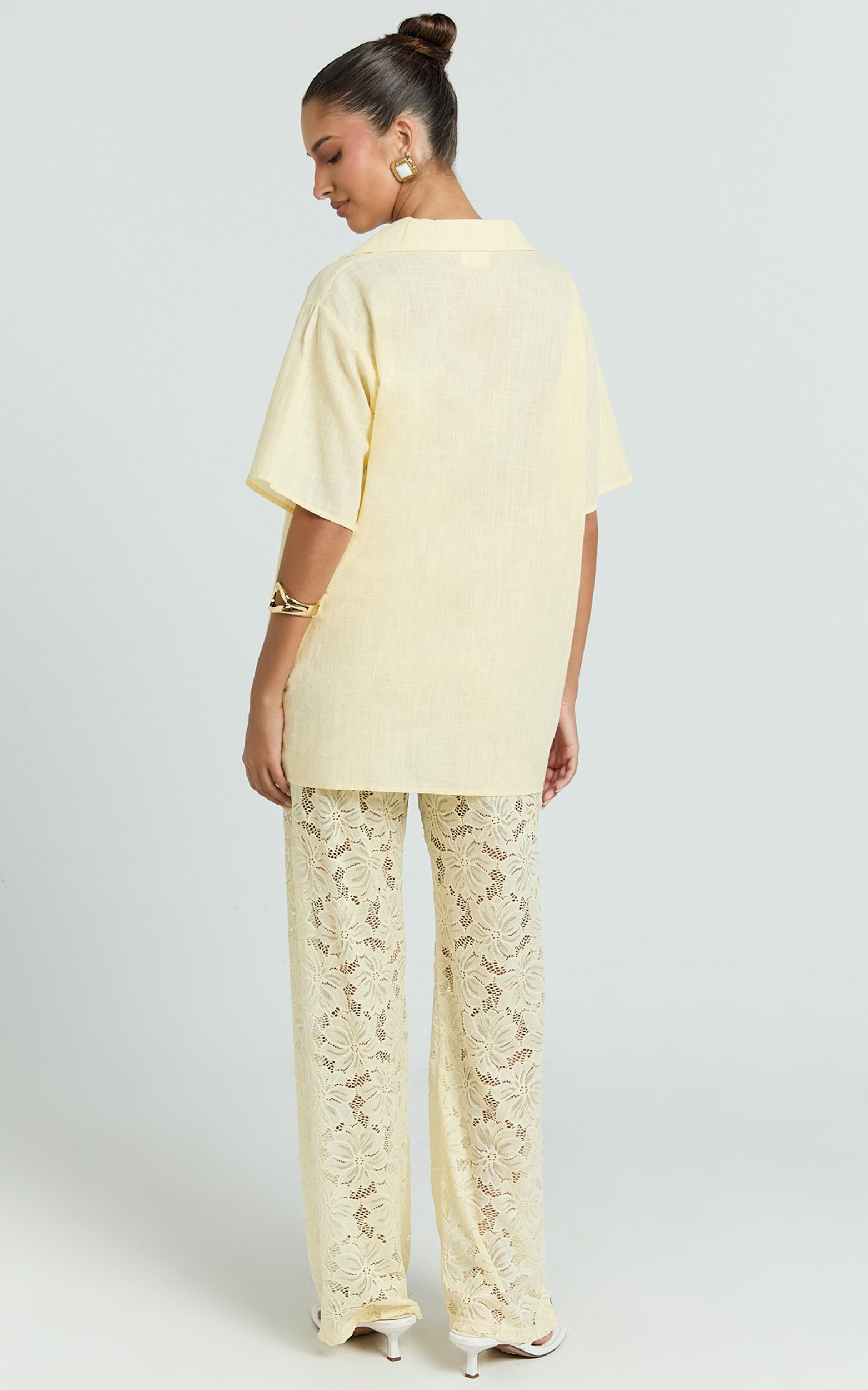 Jemma Two Piece Set - Relaxed Shirt and Lace Pants Set in Butter Yellow