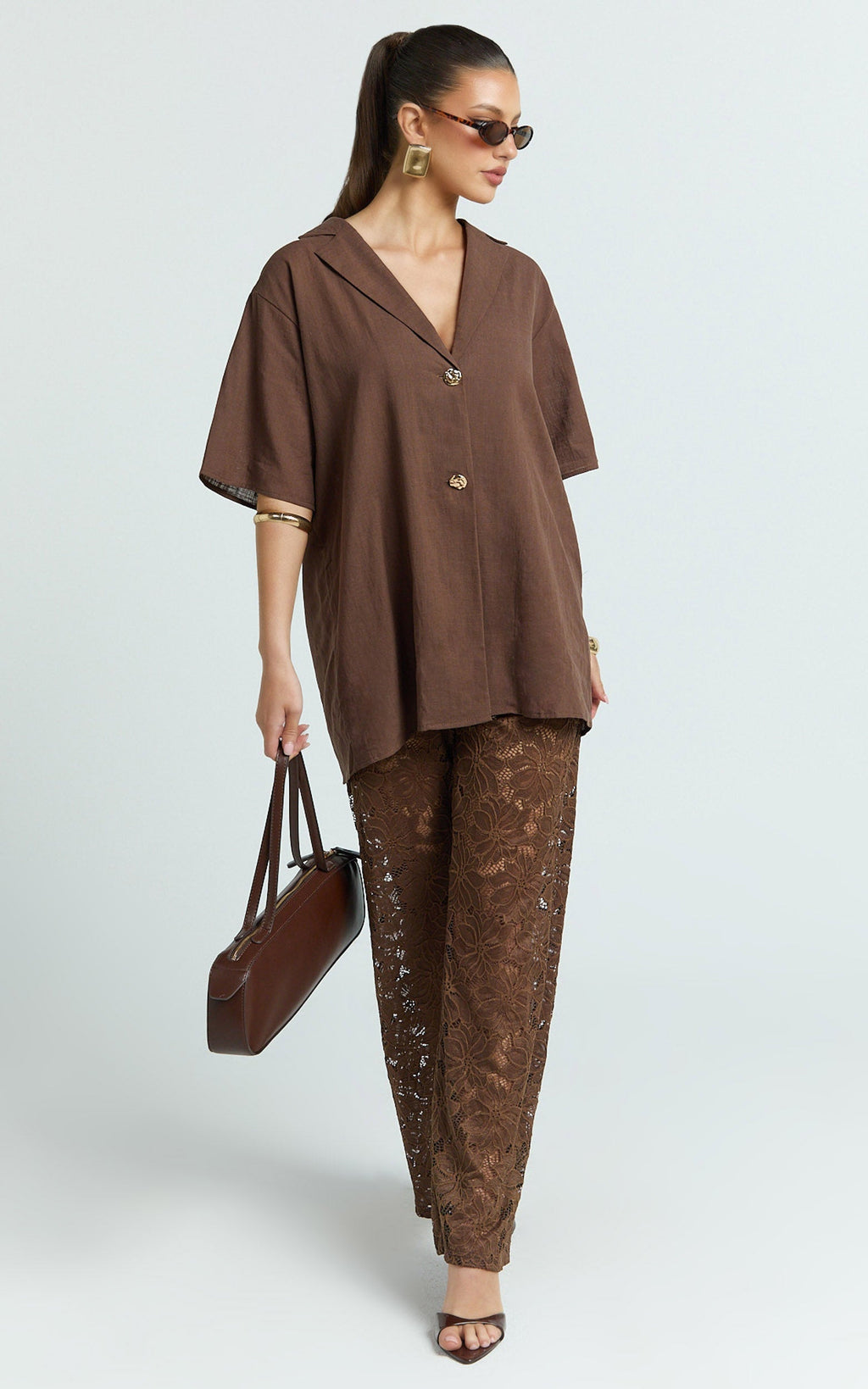 Jemma Two Piece Set - Relaxed Shirt and Lace Pants Set in Choc