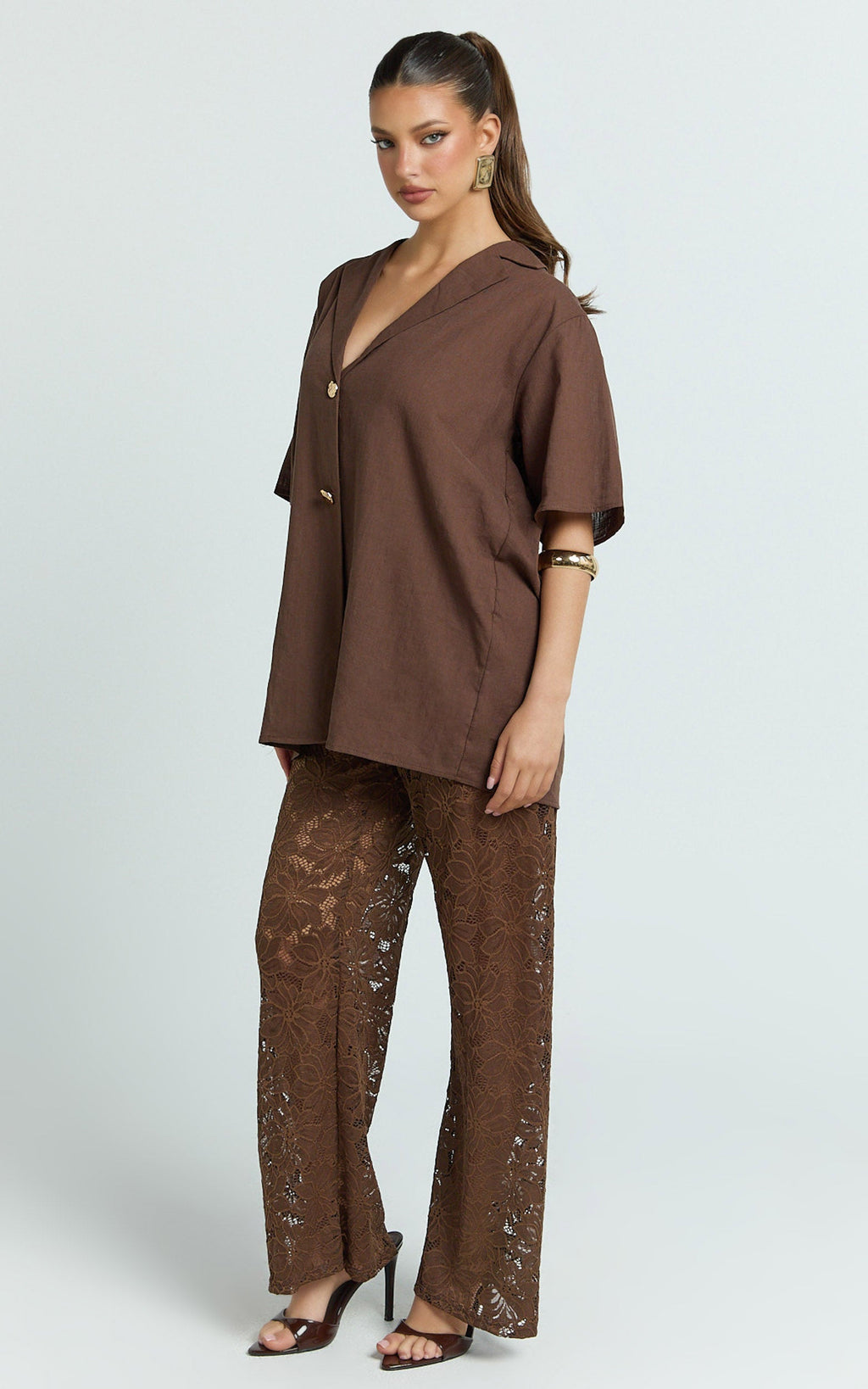 Jemma Two Piece Set - Relaxed Shirt and Lace Pants Set in Choc