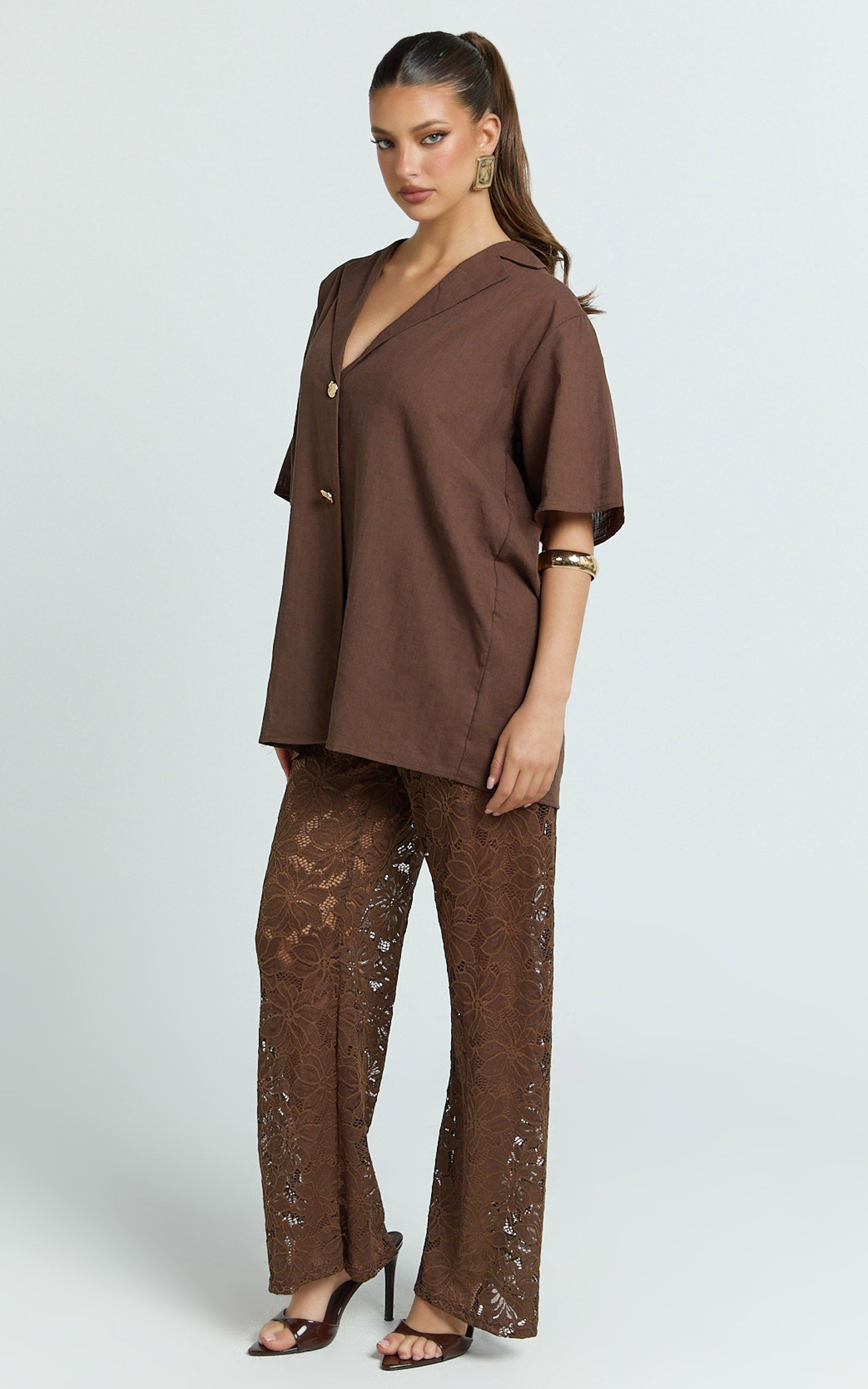 Jemma Two Piece Set - Relaxed Shirt and Lace Pants Set in Choc