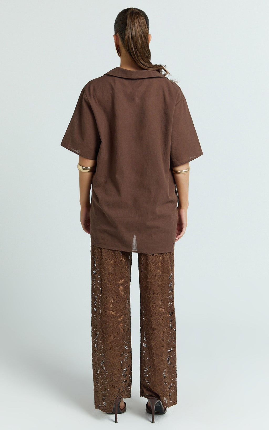 Jemma Two Piece Set - Relaxed Shirt and Lace Pants Set in Choc