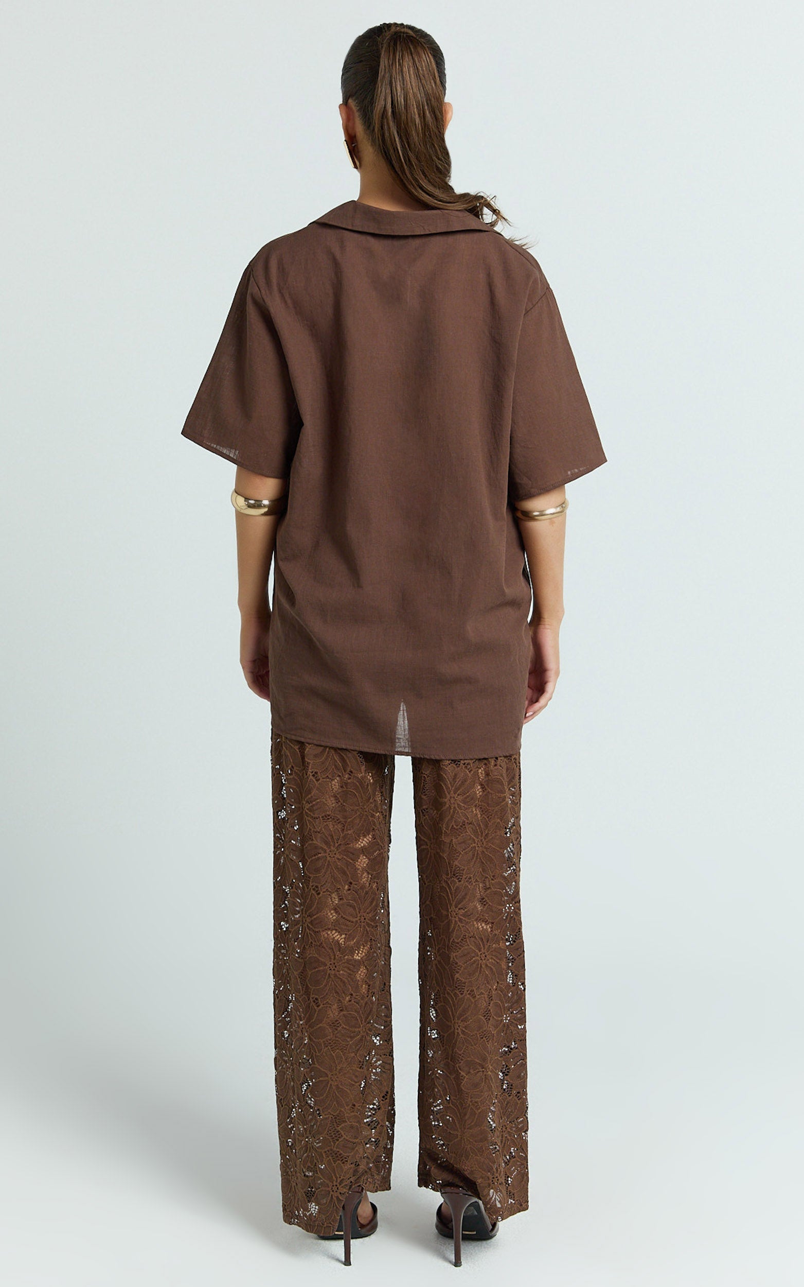 Jemma Two Piece Set - Relaxed Shirt and Lace Pants Set in Choc