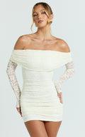 Jensen Mini Dress - Off Shoulder Stretch Lace Bodycon Dress in Cream