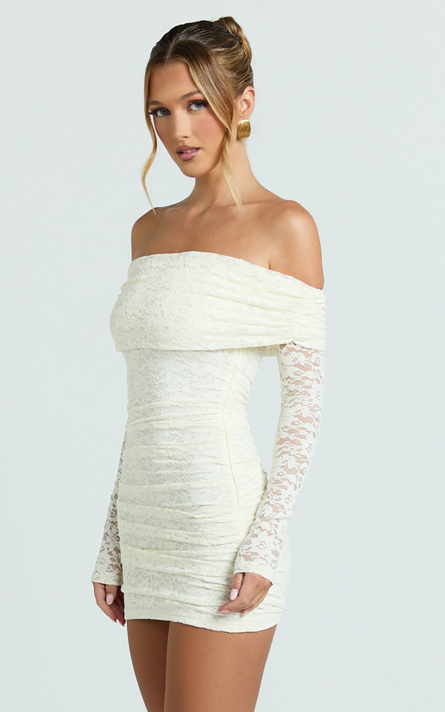 Jensen Mini Dress - Off Shoulder Stretch Lace Bodycon Dress in Cream