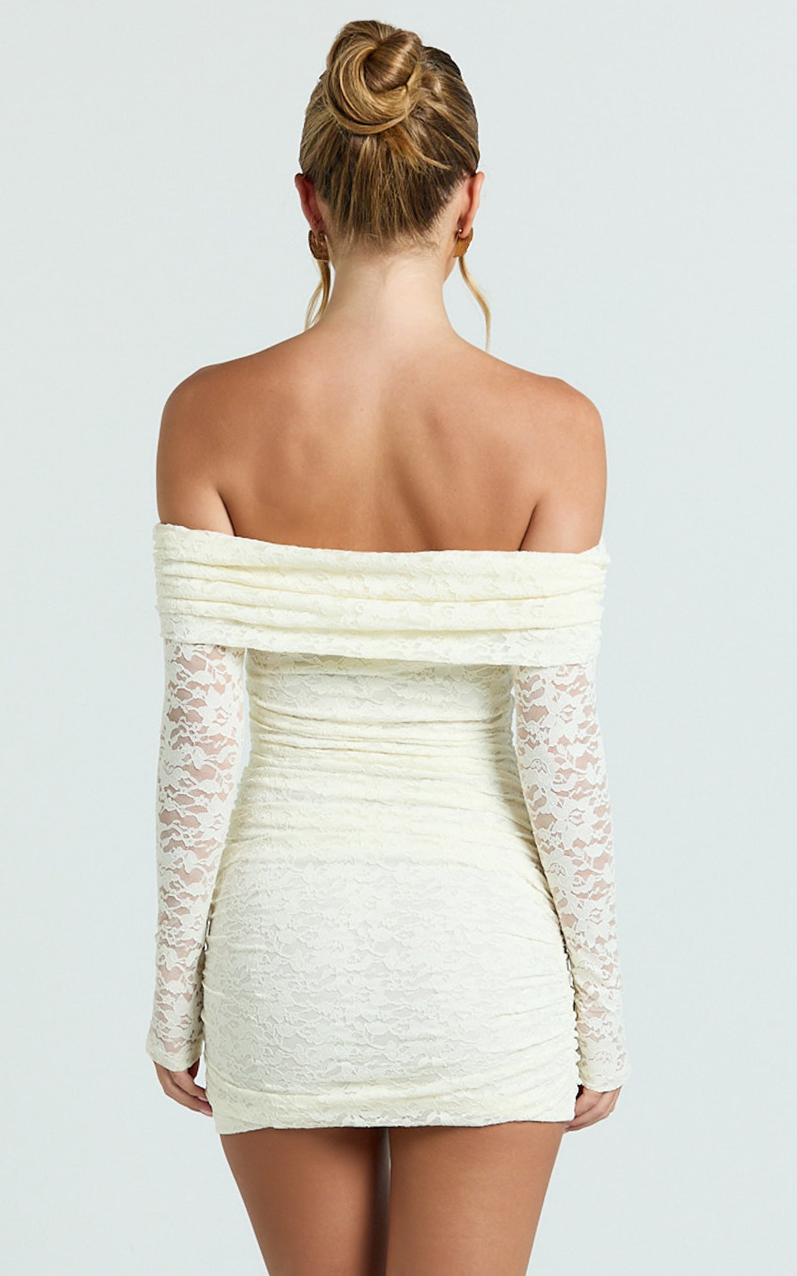 Jensen Mini Dress - Off Shoulder Stretch Lace Bodycon Dress in Cream