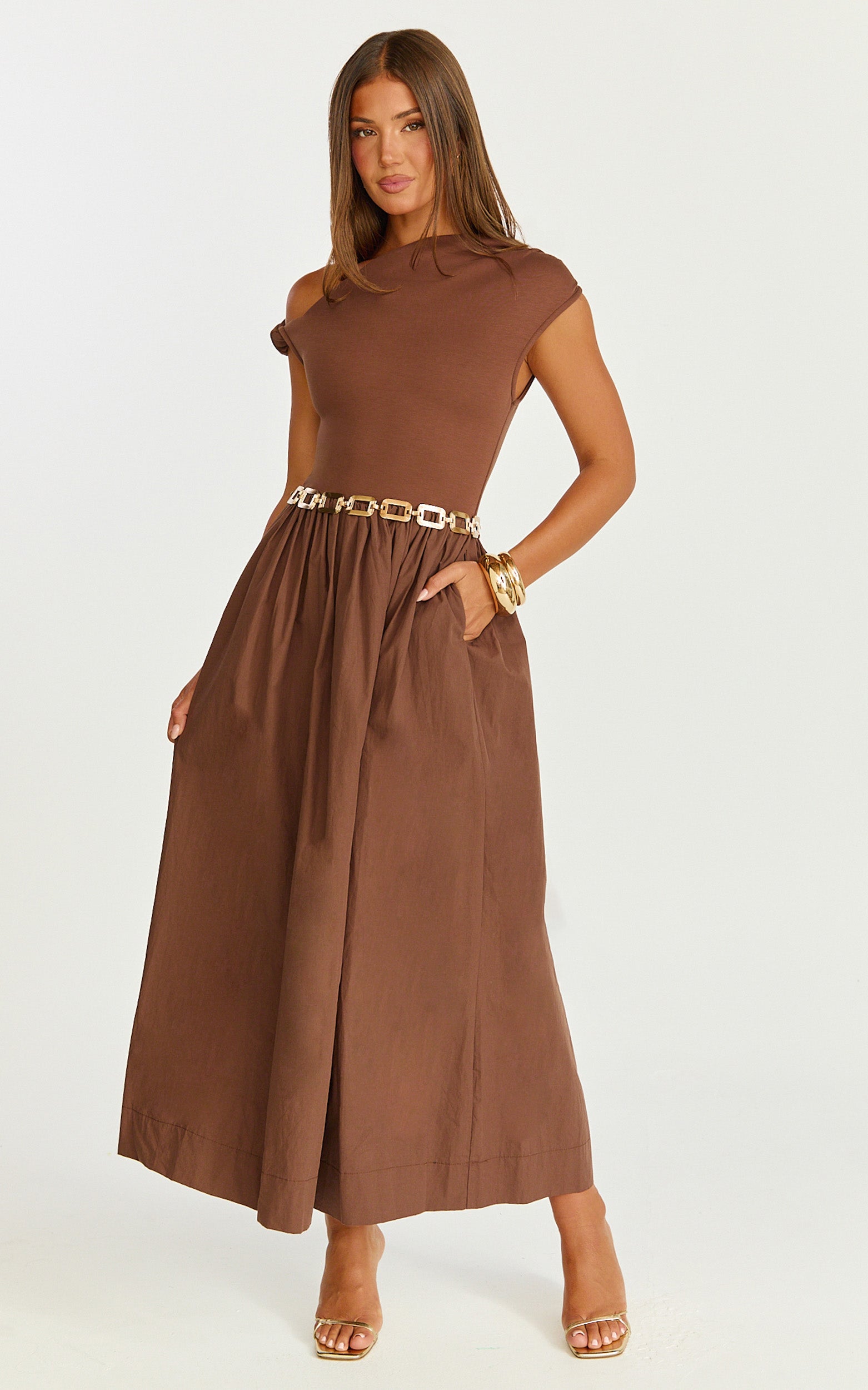 Jhamie Midi Dress - One Shoulder Contrast Skirt Dress in Chocolate