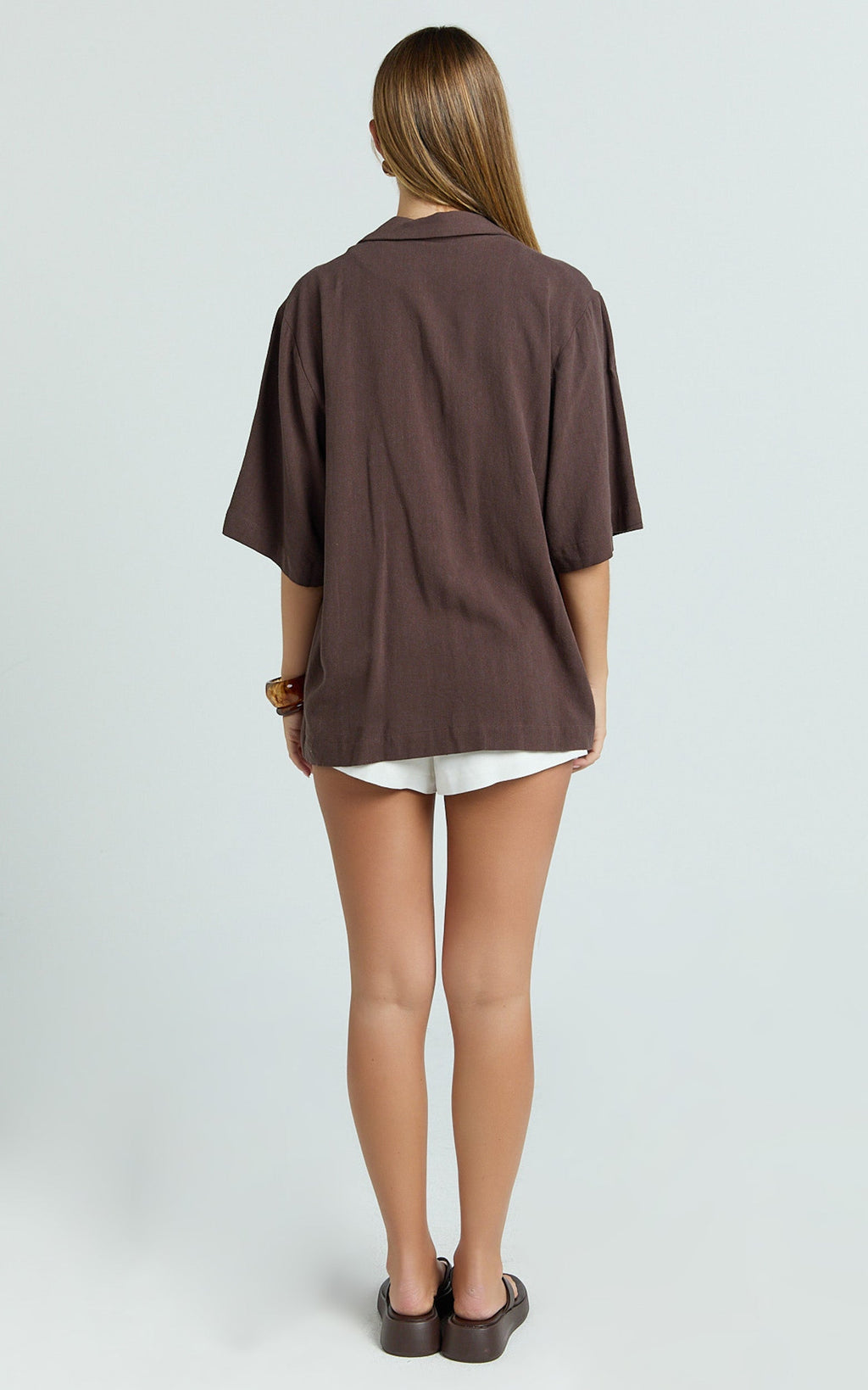 Joanna Top - Button Up Collared Short Sleeve Shirt in Chocolate