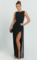 Joanne Maxi Dress - Scoop Neck Fringe Dress in Black