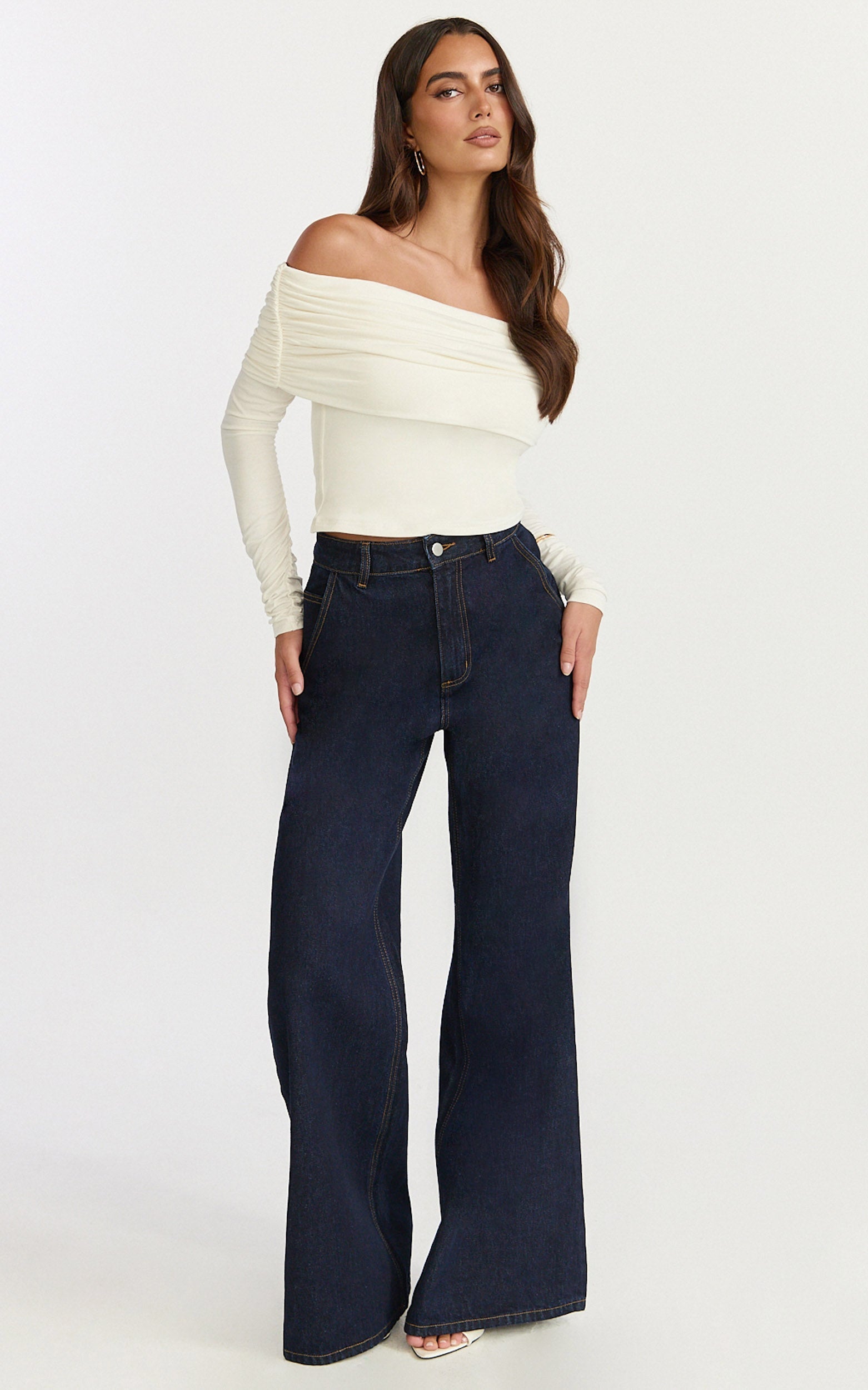 Jolie Top - Off Shoulder Long Sleeve Gathered Top in Cream