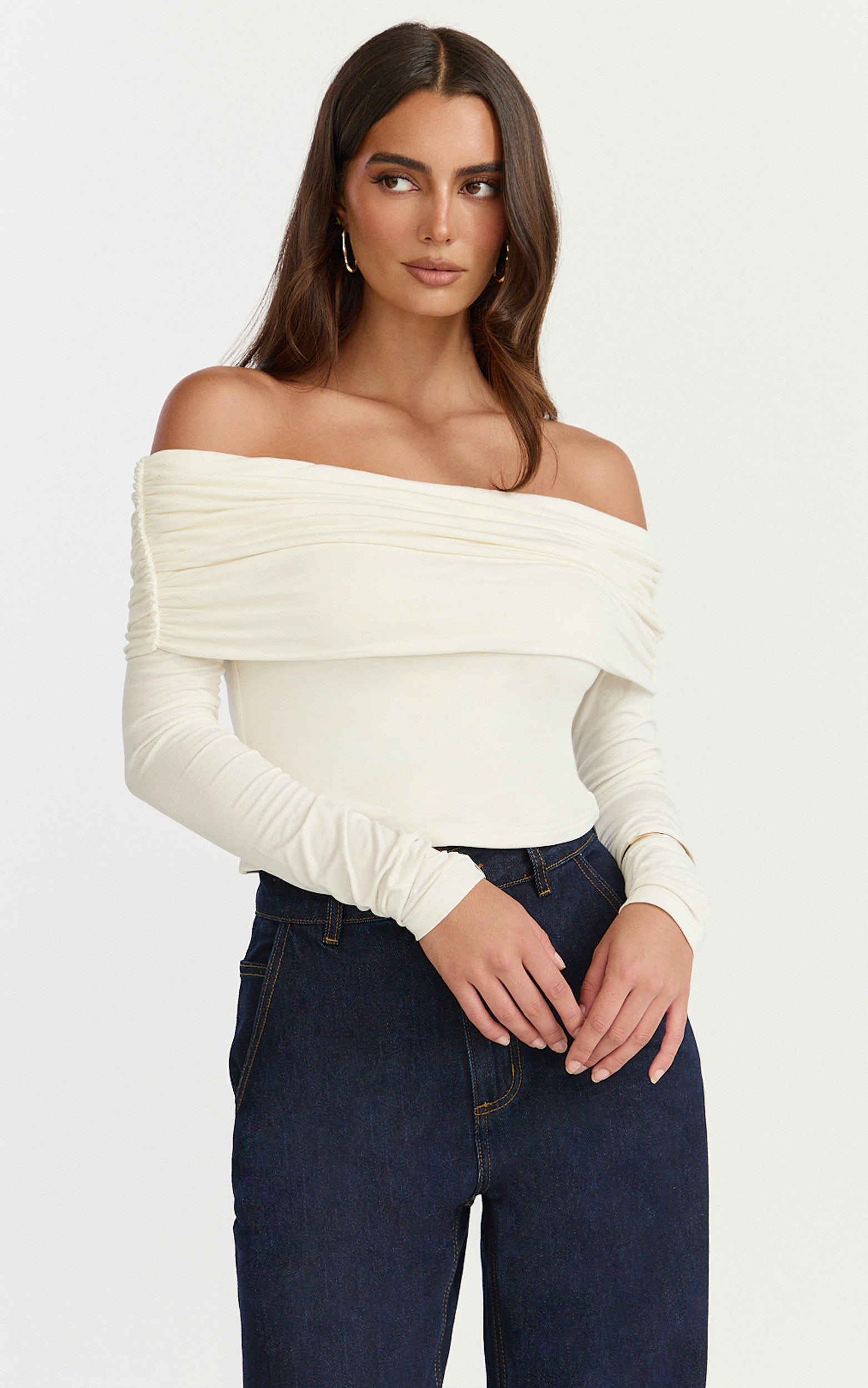 Jolie Top - Off Shoulder Long Sleeve Gathered Top in Cream