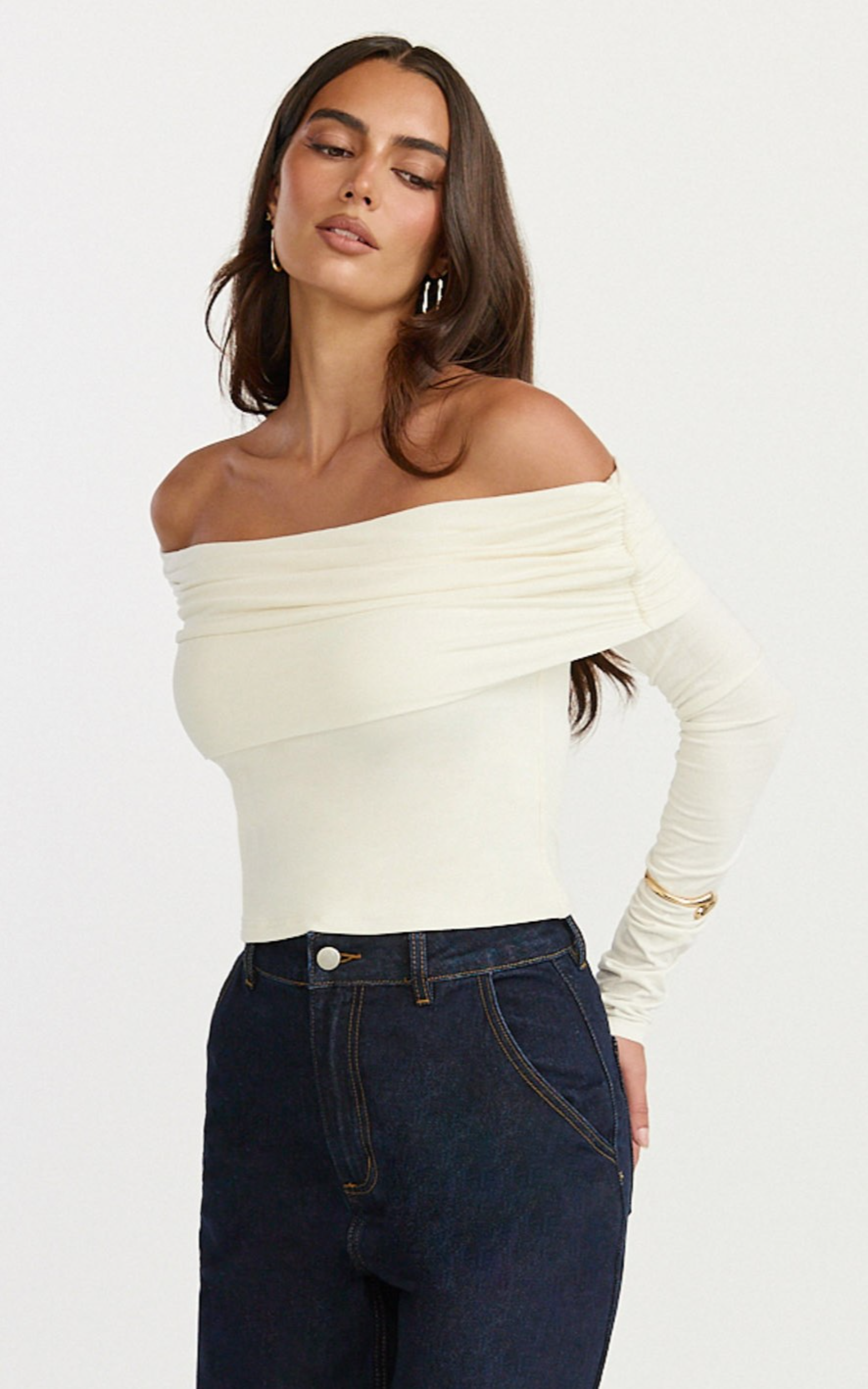 Jolie Top - Off Shoulder Long Sleeve Gathered Top in Cream