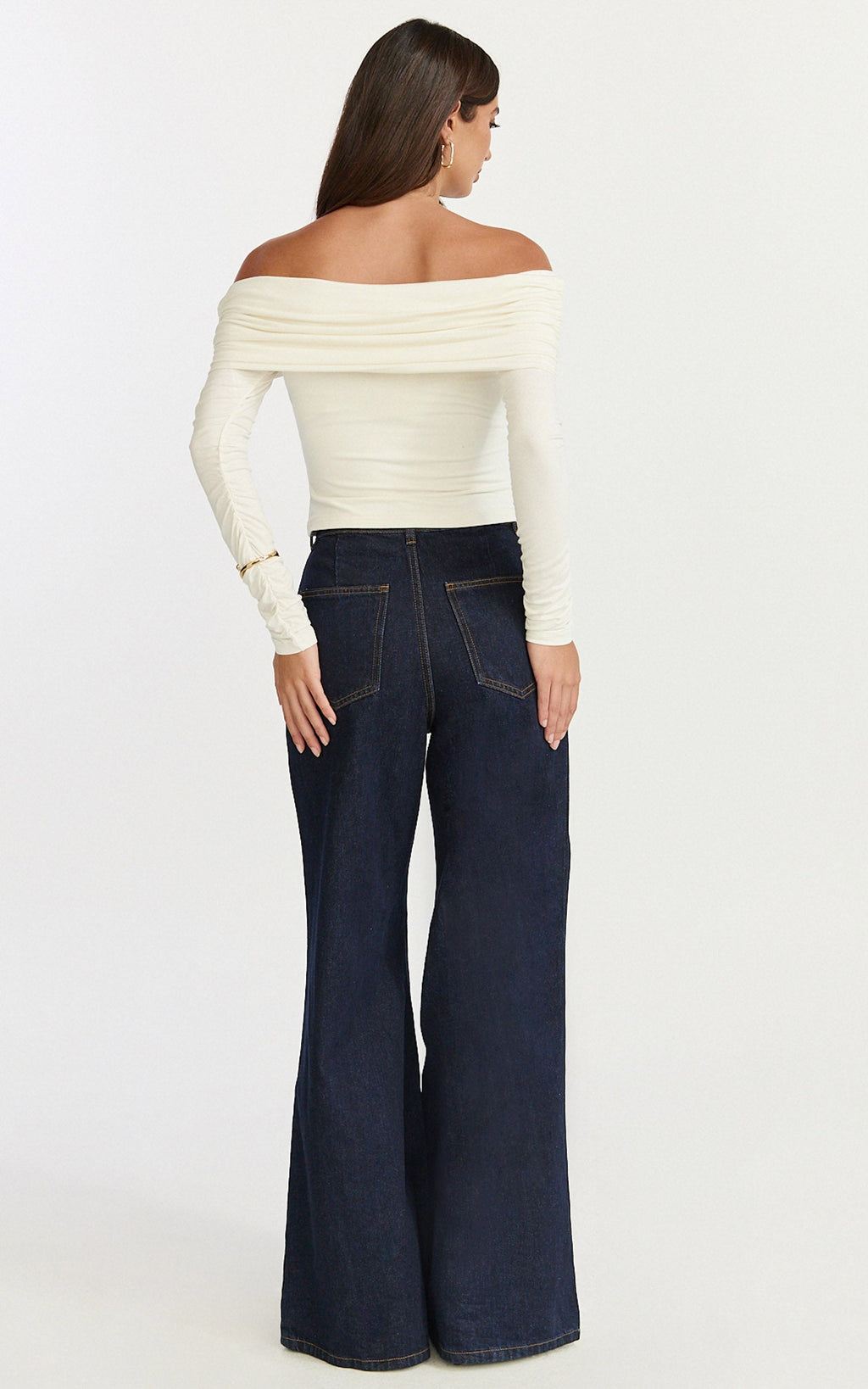 Jolie Top - Off Shoulder Long Sleeve Gathered Top in Cream