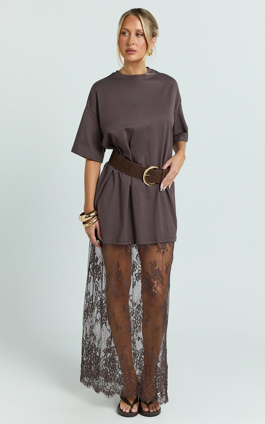 Jonna Midi Dress - Longline Lace Insert Tee in Chocolate