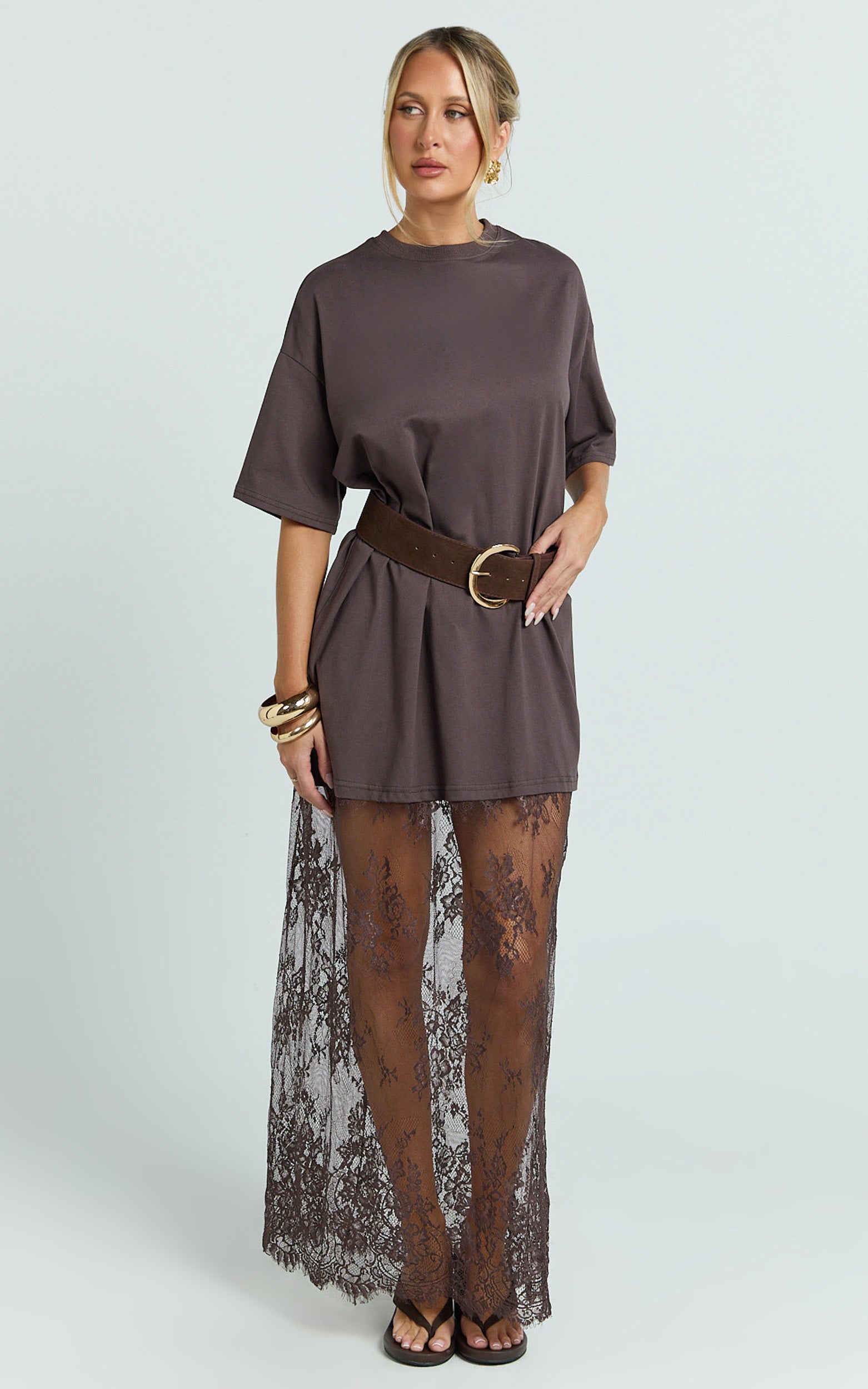 Jonna Midi Dress - Longline Lace Insert Tee in Chocolate