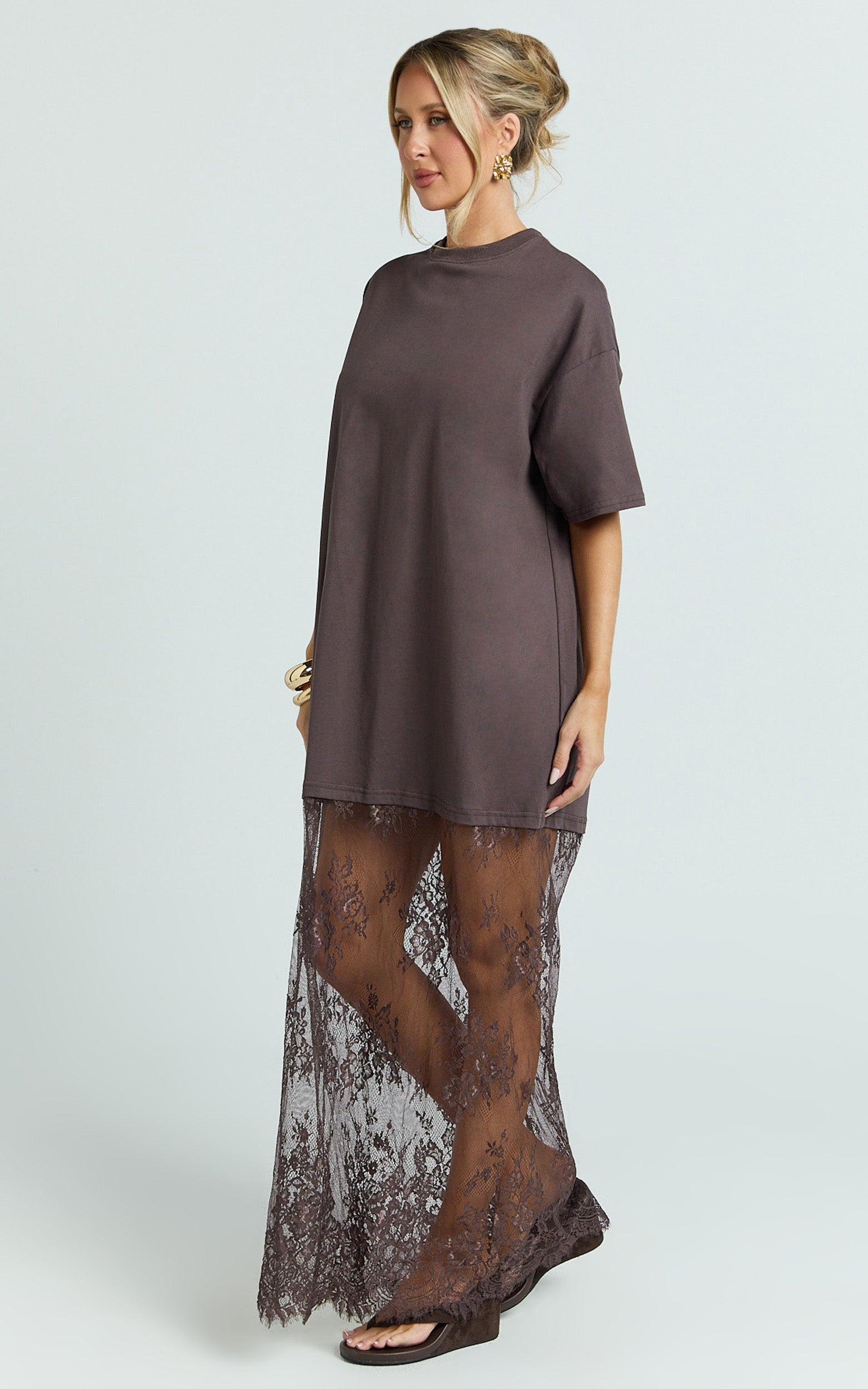 Jonna Midi Dress - Longline Lace Insert Tee in Chocolate