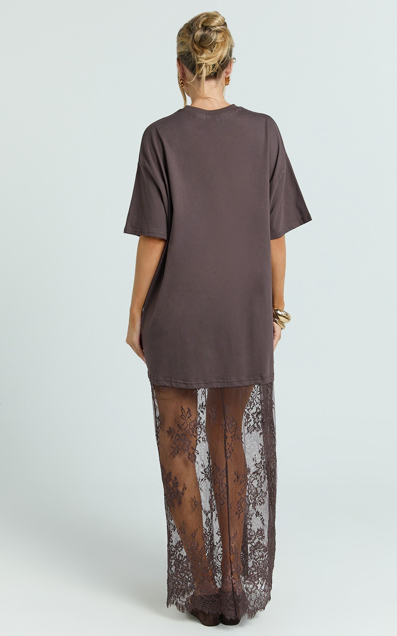 Jonna Midi Dress - Longline Lace Insert Tee in Chocolate