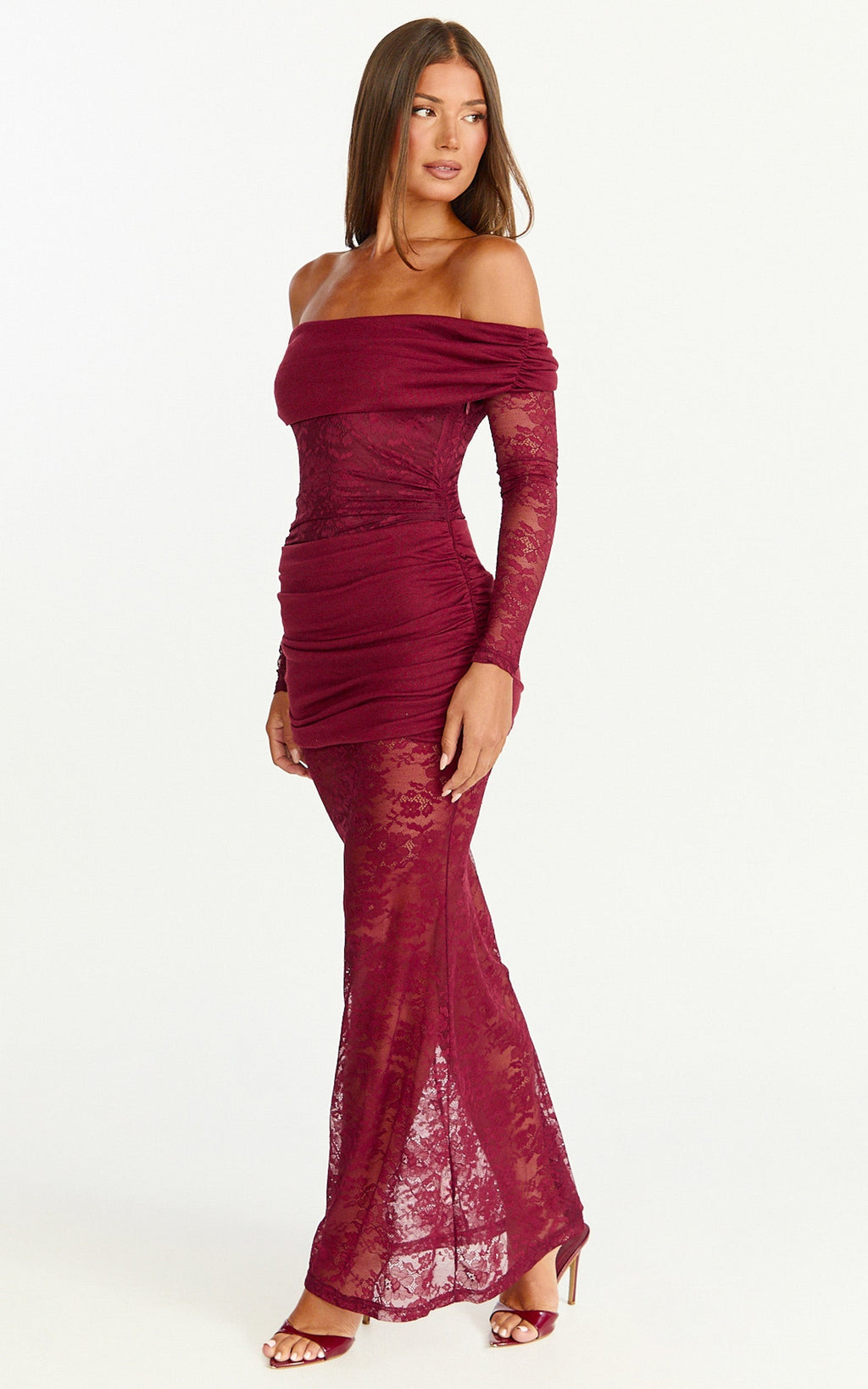 Juliet Maxi Dress - Off Shoulder Long Sleeve Ruched Overlay Lace Dress in Wine