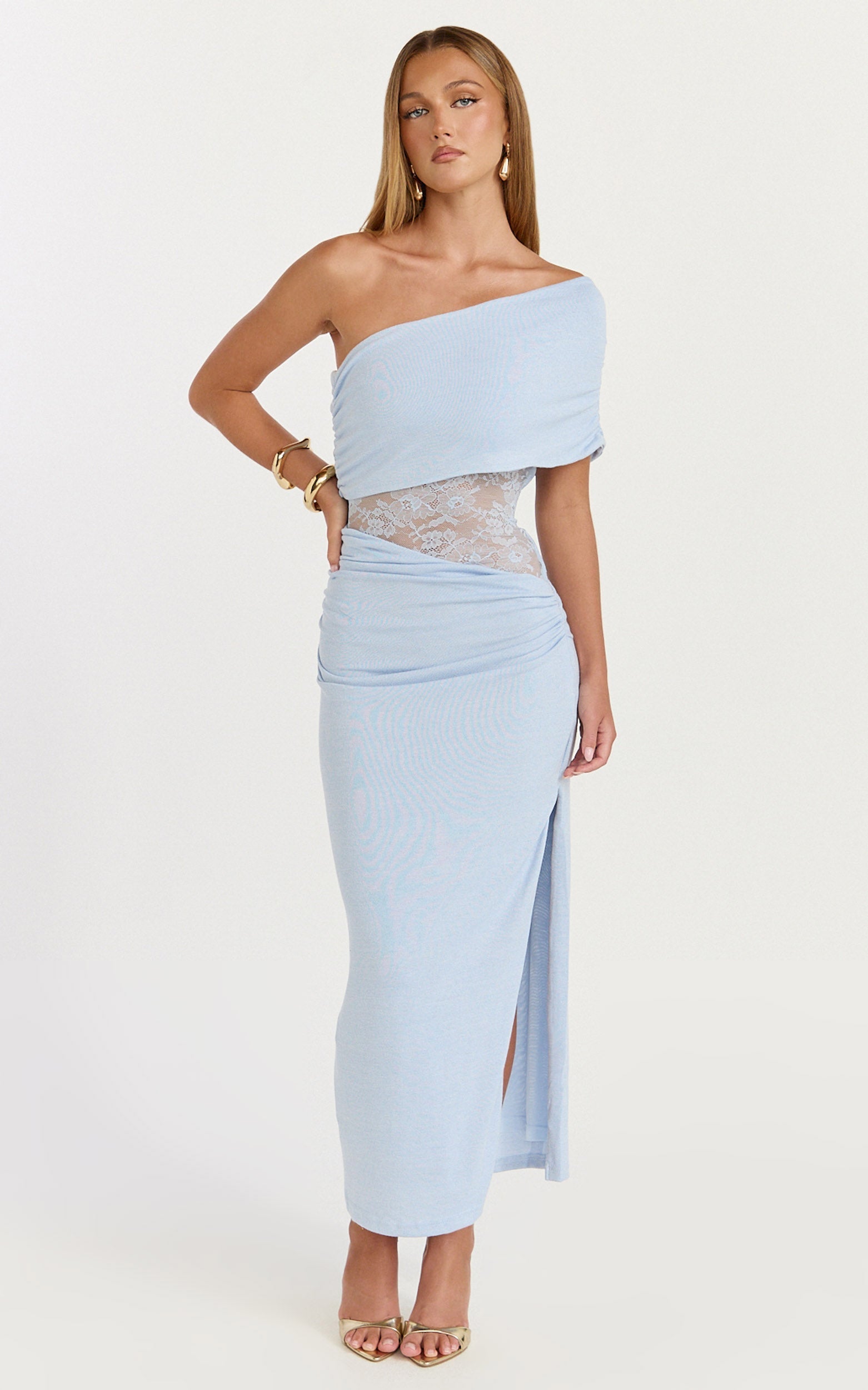 Juliet Midi Dress - One Shoulder Lace Contrast Bodycon Dress in Blue