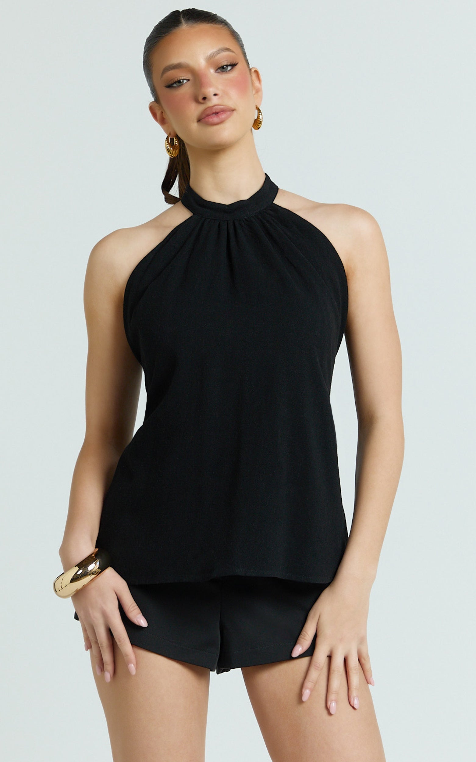 Kala Top - High Neck Tie Waist Linen Blend Peplum Top in Black