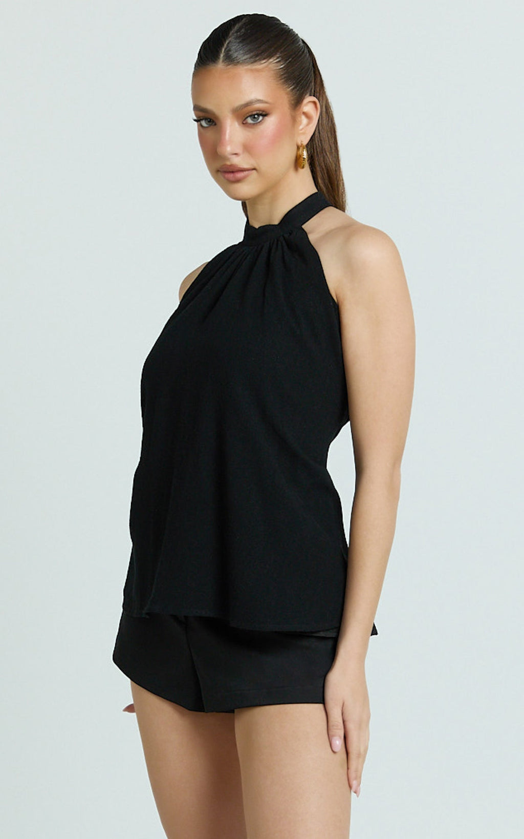 Kala Top - High Neck Tie Waist Linen Blend Peplum Top in Black