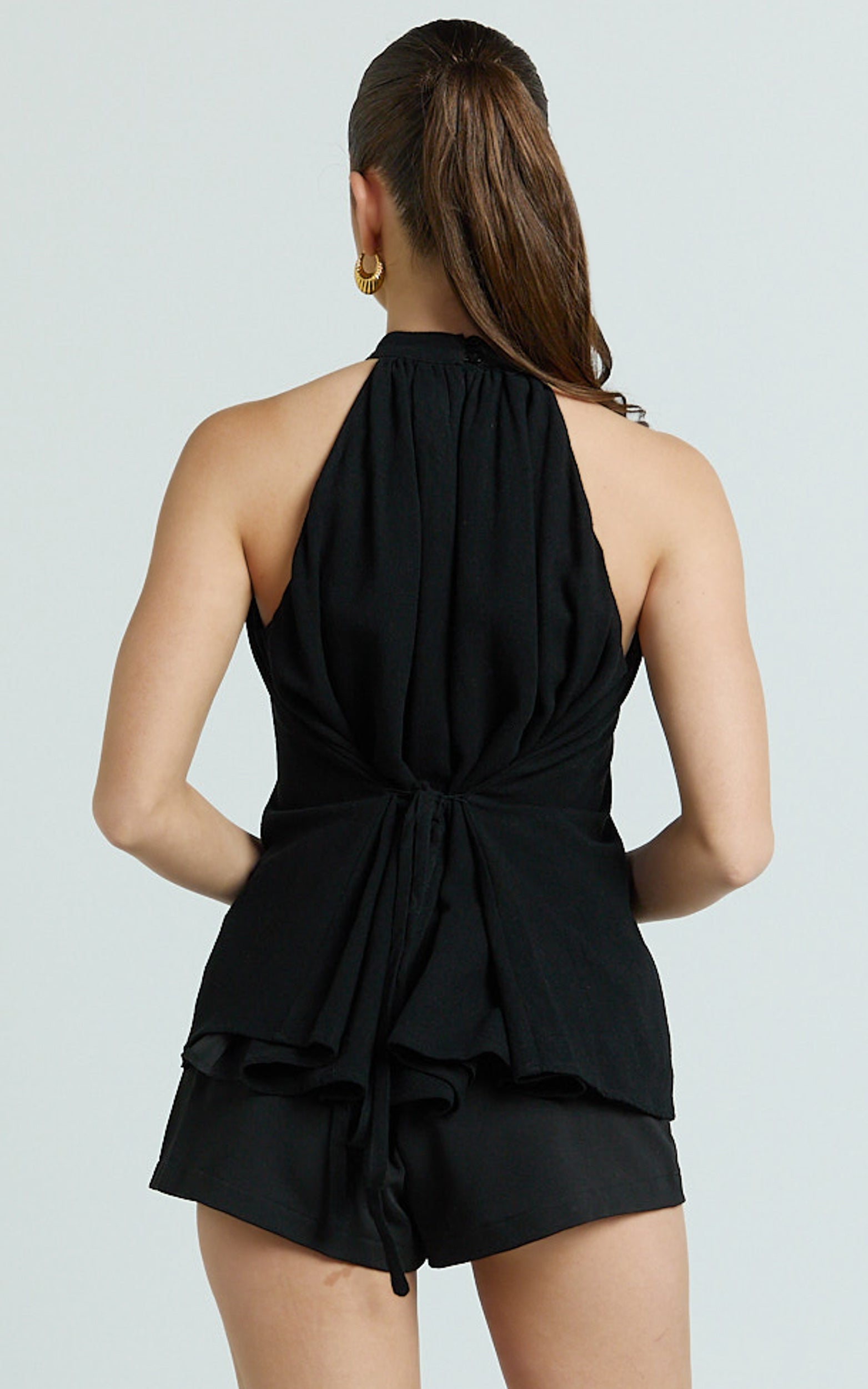 Kala Top - High Neck Tie Waist Linen Blend Peplum Top in Black