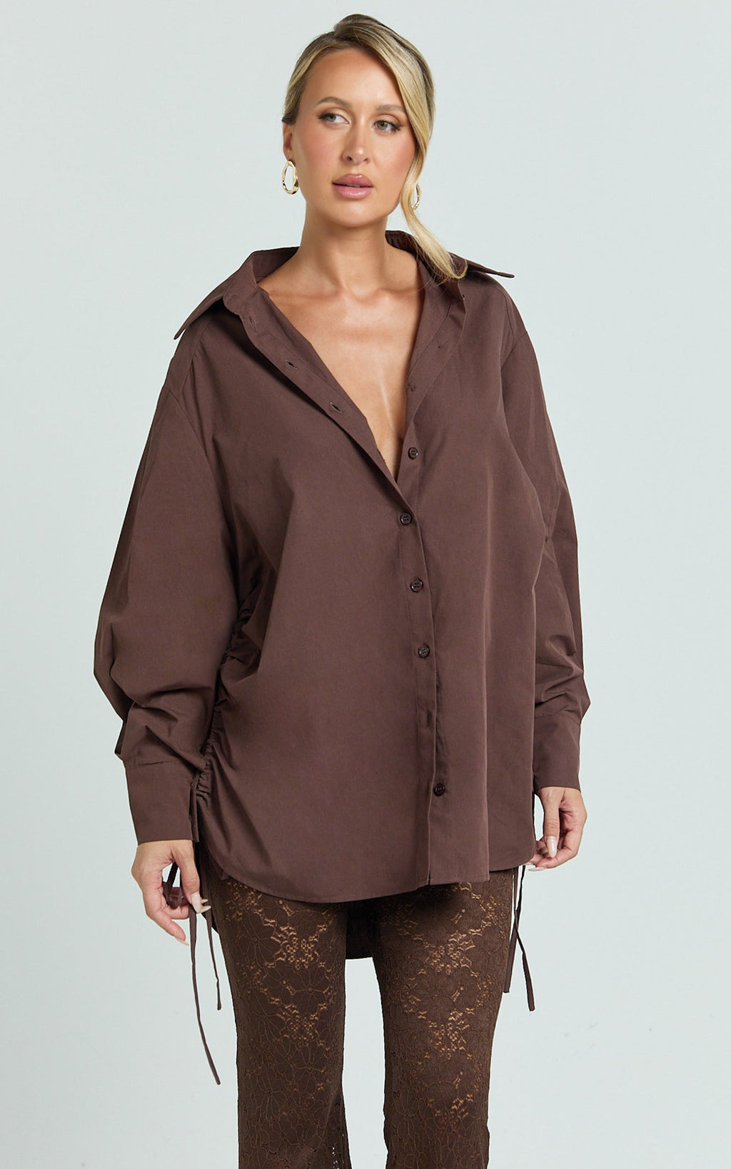 Kalpena Shirt - Ruched Side Oversized Shirt in Chocolate