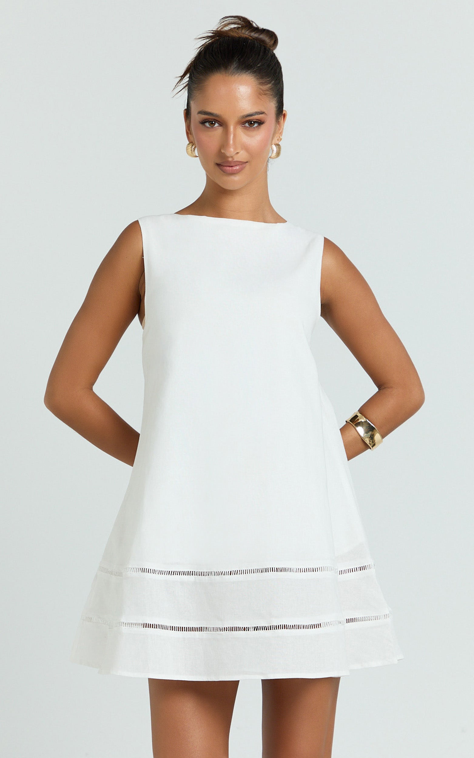 Kara Mini Dress - High Neck Sleeveless A Line Dress in White