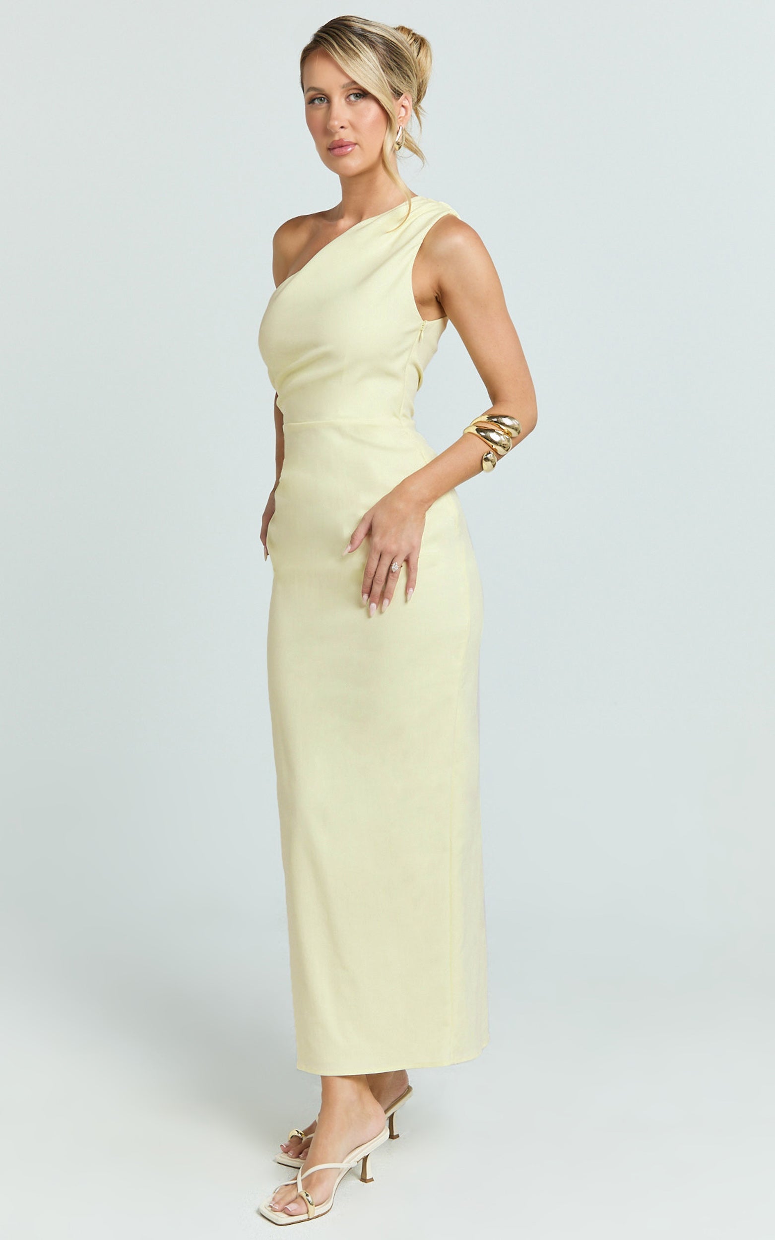 Karlie Midi Dress - One Shoulder Fitted Dress in Lemon