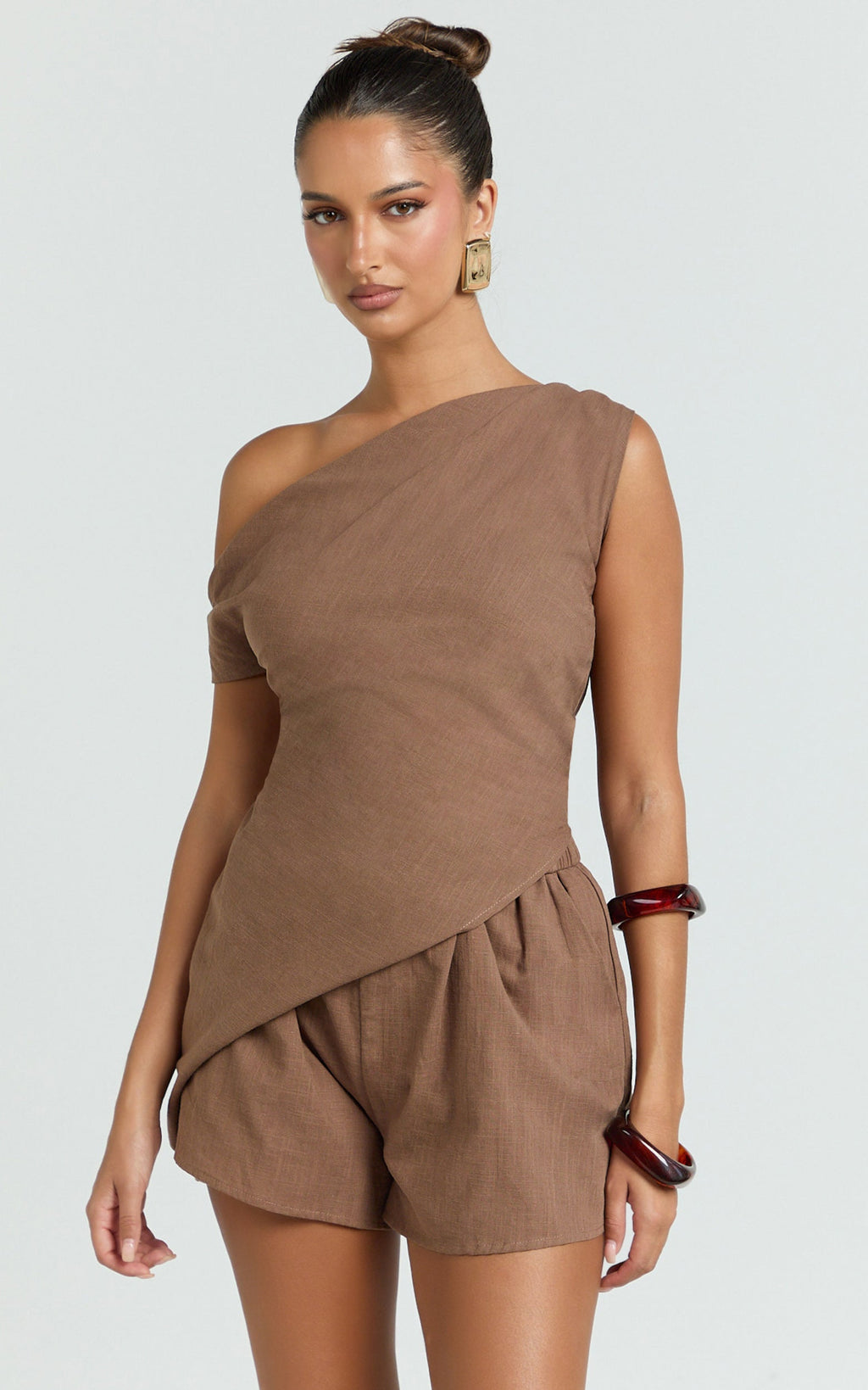 Kate Two Piece Set - Asymmetrical One Shoulder Short Set in Chocolate