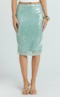 Katelyn Knee Length Skirt - Low Waisted Sheer Sequin Skirt in Teal