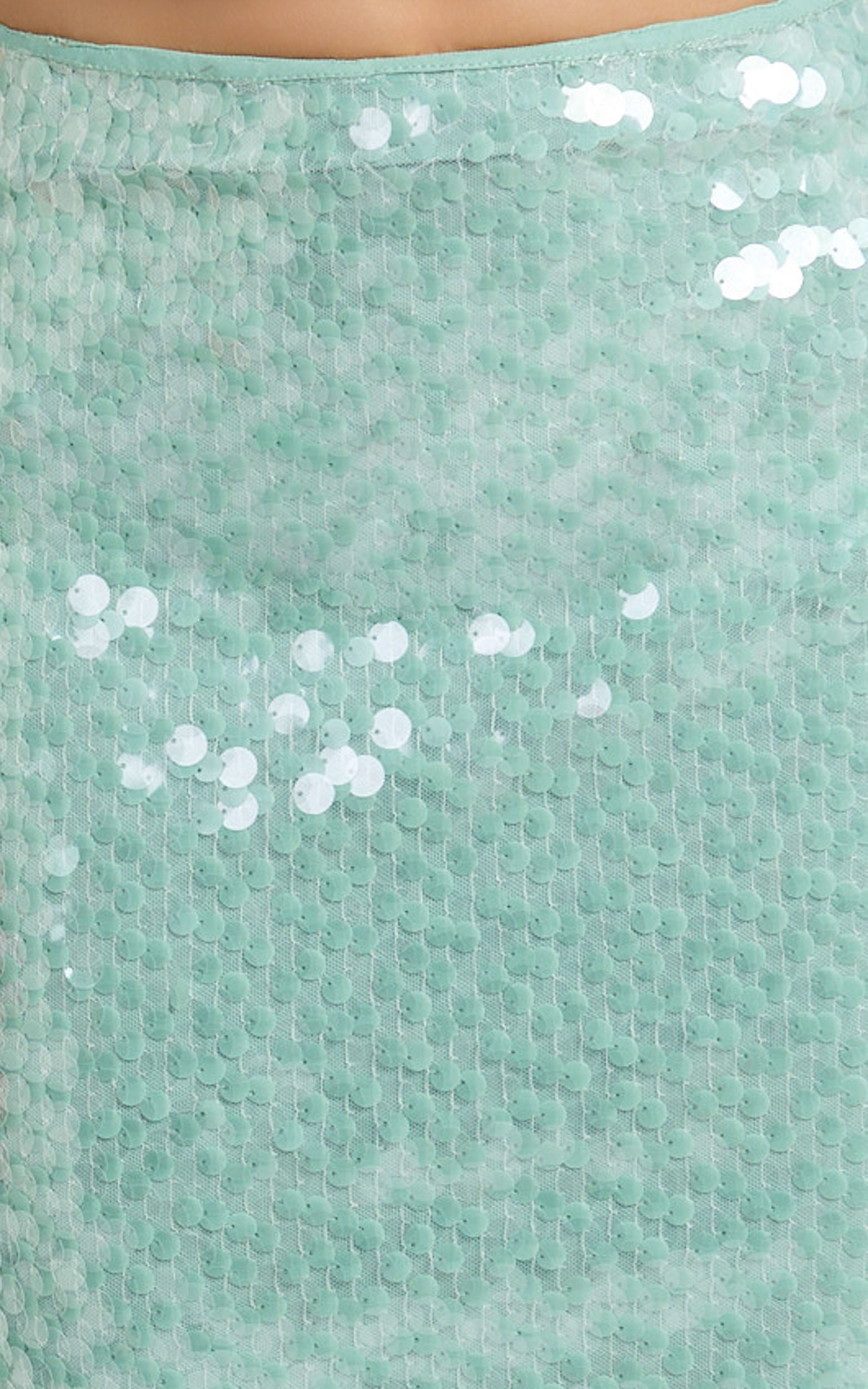 Katelyn Knee Length Skirt - Low Waisted Sheer Sequin Skirt in Teal